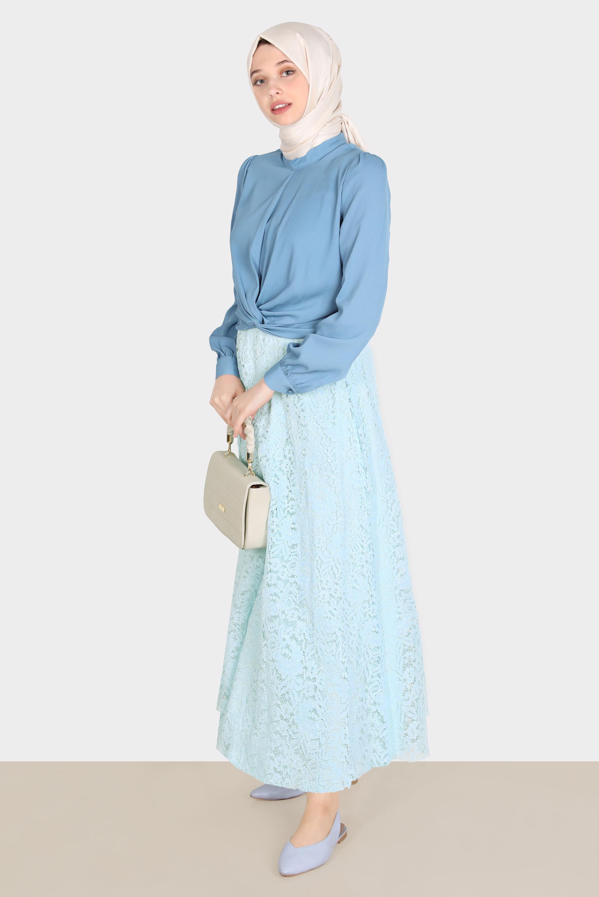 Tesettür giyim MAVİ BAĞLAMA DETAYLI BLUZ 42805 