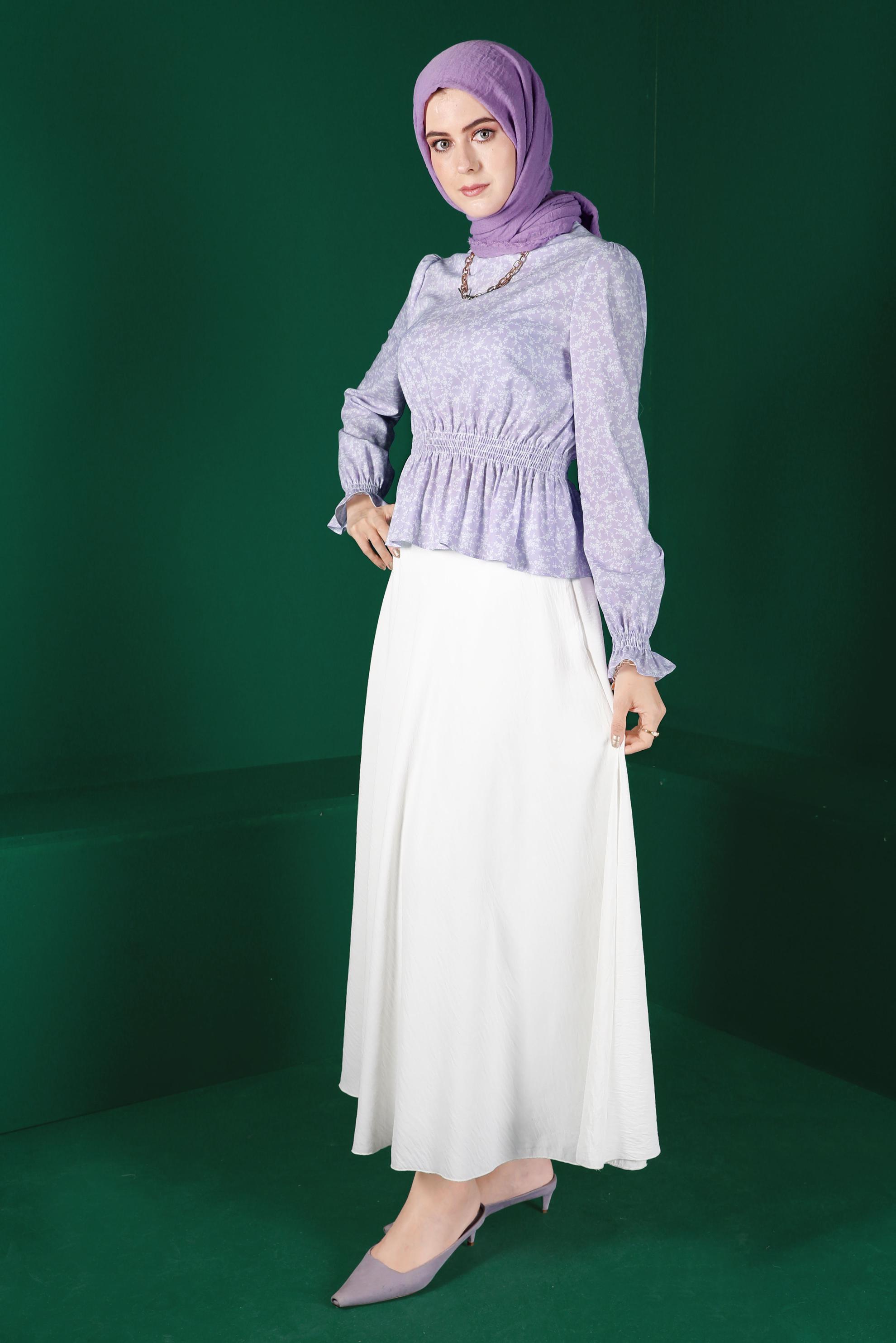 Tesettür giyim MOR BELİ VE MANŞETLERİ LASTİKLİ ÇİÇEKLİ BLUZ 42888 