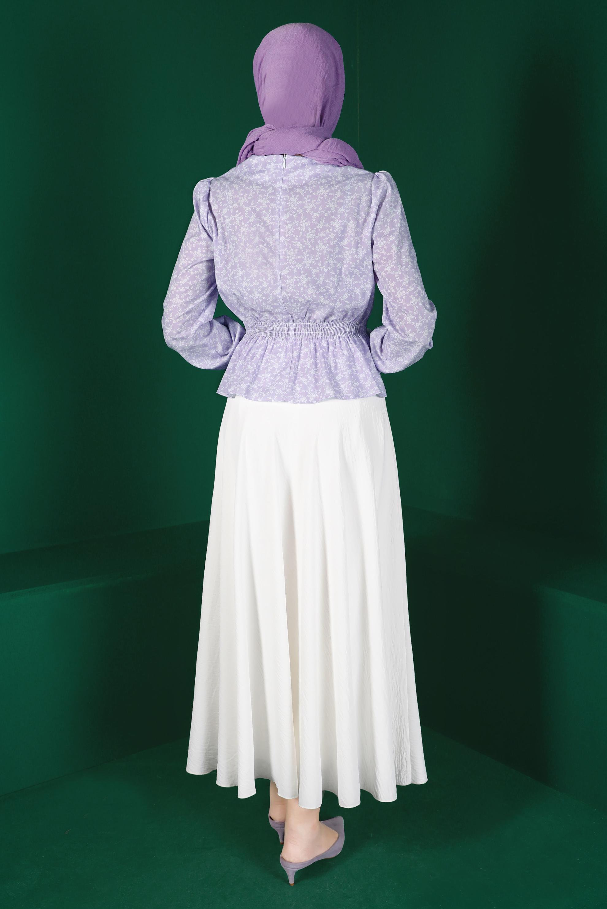 Tesettür giyim MOR BELİ VE MANŞETLERİ LASTİKLİ ÇİÇEKLİ BLUZ 42888 