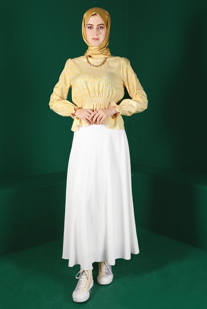 Tesettür giyim SARI BELİ VE MANŞETLERİ LASTİKLİ ÇİÇEKLİ BLUZ 42888  - ALVİNA