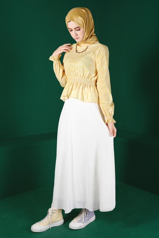 Tesettür giyim SARI BELİ VE MANŞETLERİ LASTİKLİ ÇİÇEKLİ BLUZ 42888  - ALVİNA