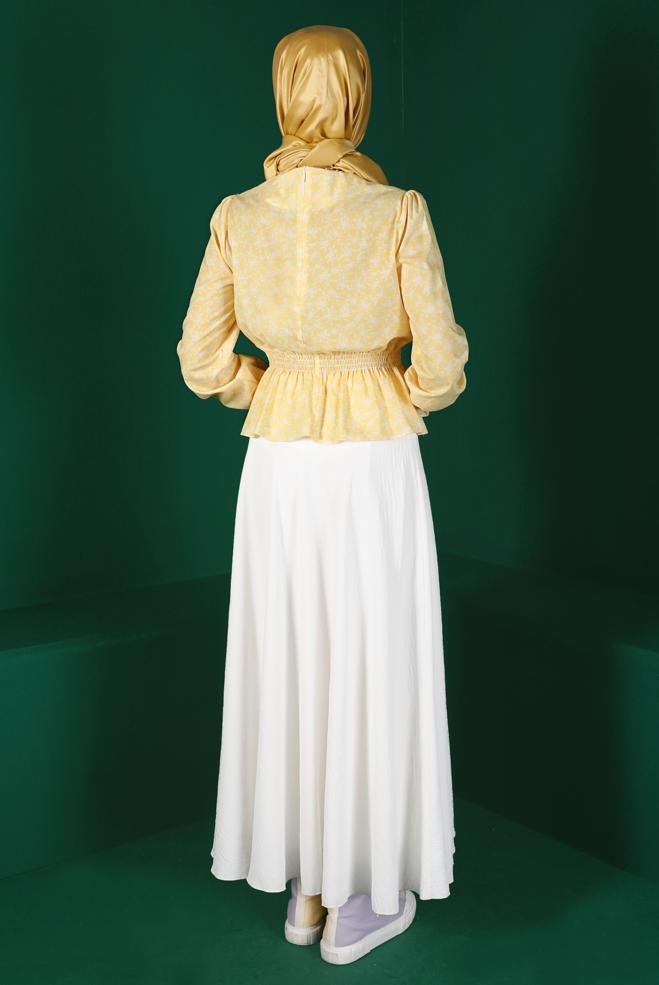 Tesettür giyim SARI BELİ VE MANŞETLERİ LASTİKLİ ÇİÇEKLİ BLUZ 42888  - ALVİNA