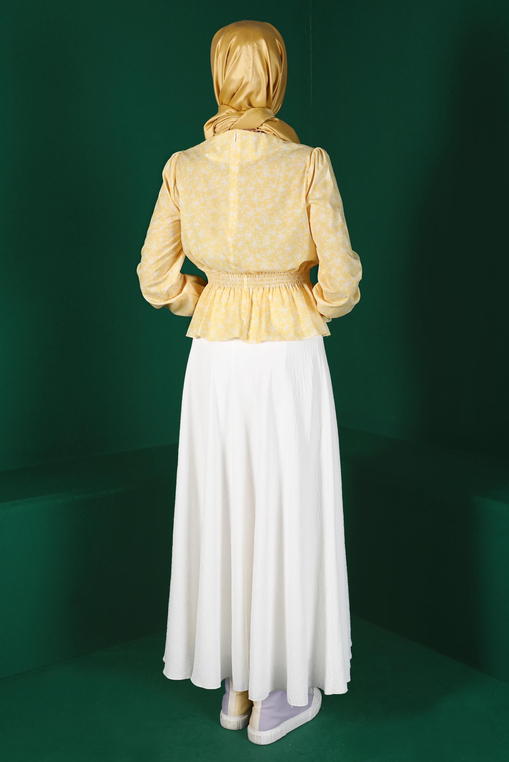 Tesettür giyim SARI BELİ VE MANŞETLERİ LASTİKLİ ÇİÇEKLİ BLUZ 42888 