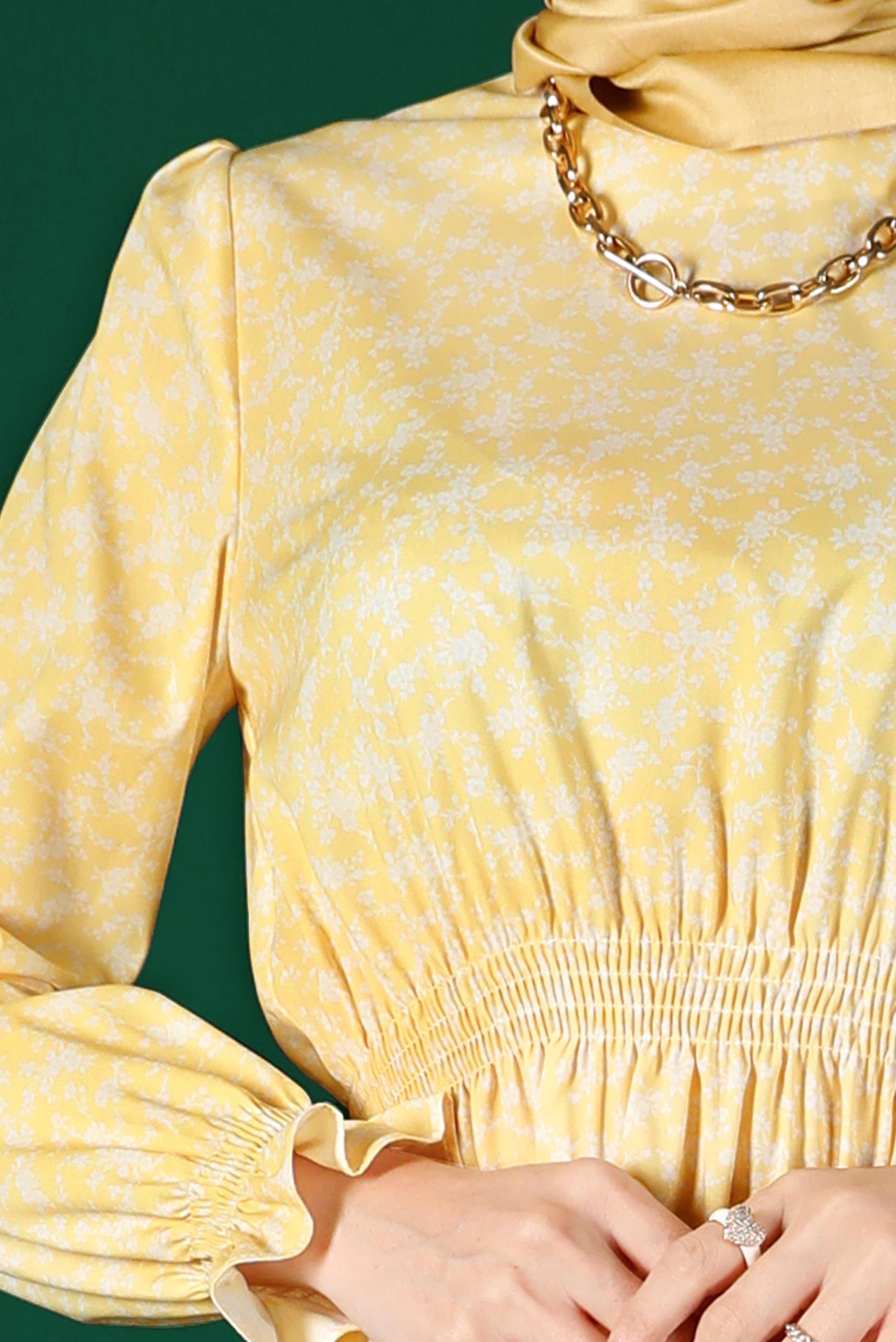 Tesettür giyim SARI BELİ VE MANŞETLERİ LASTİKLİ ÇİÇEKLİ BLUZ 42888 