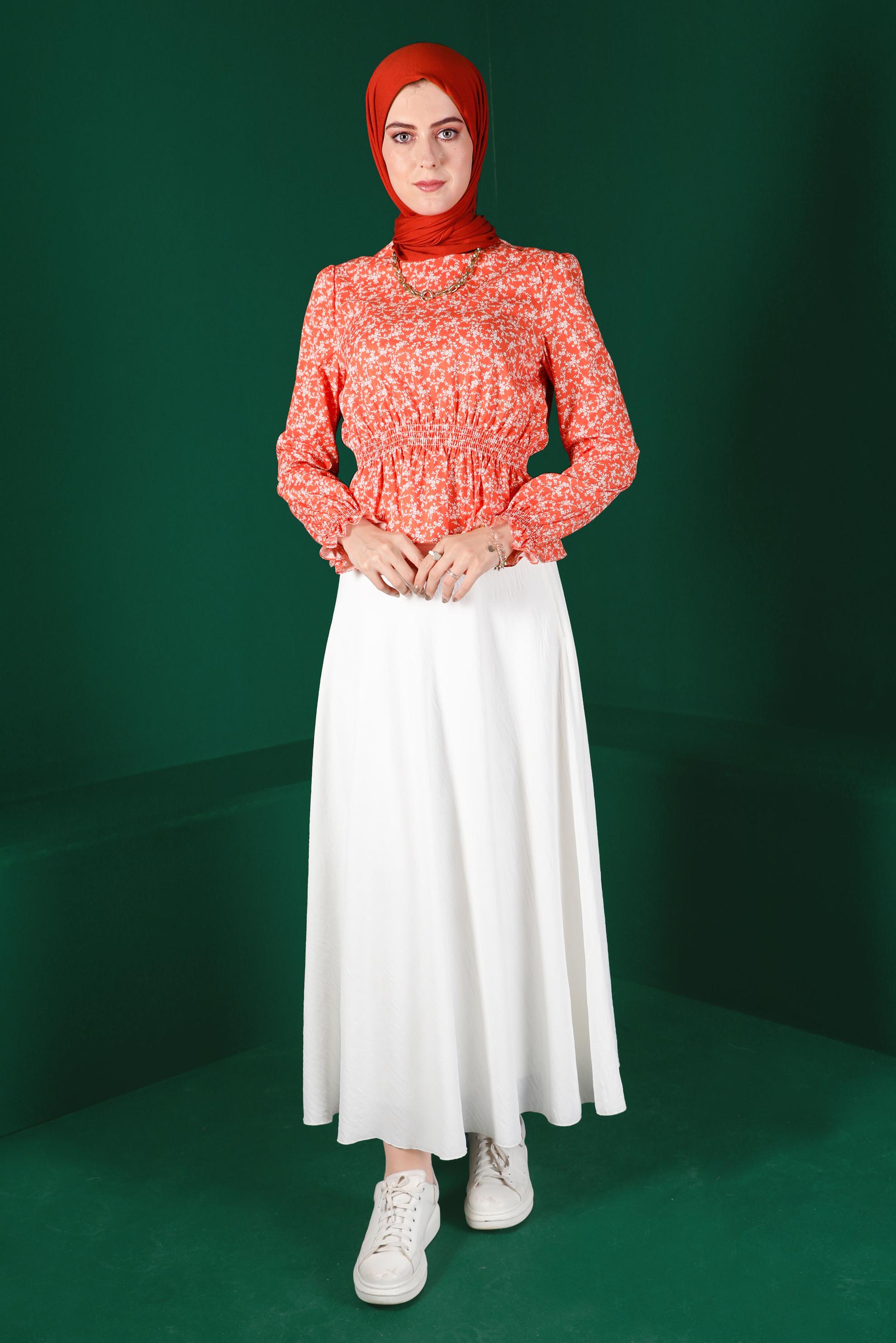 Tesettür giyim MERCAN BELİ VE MANŞETLERİ LASTİKLİ ÇİÇEKLİ BLUZ 42888 