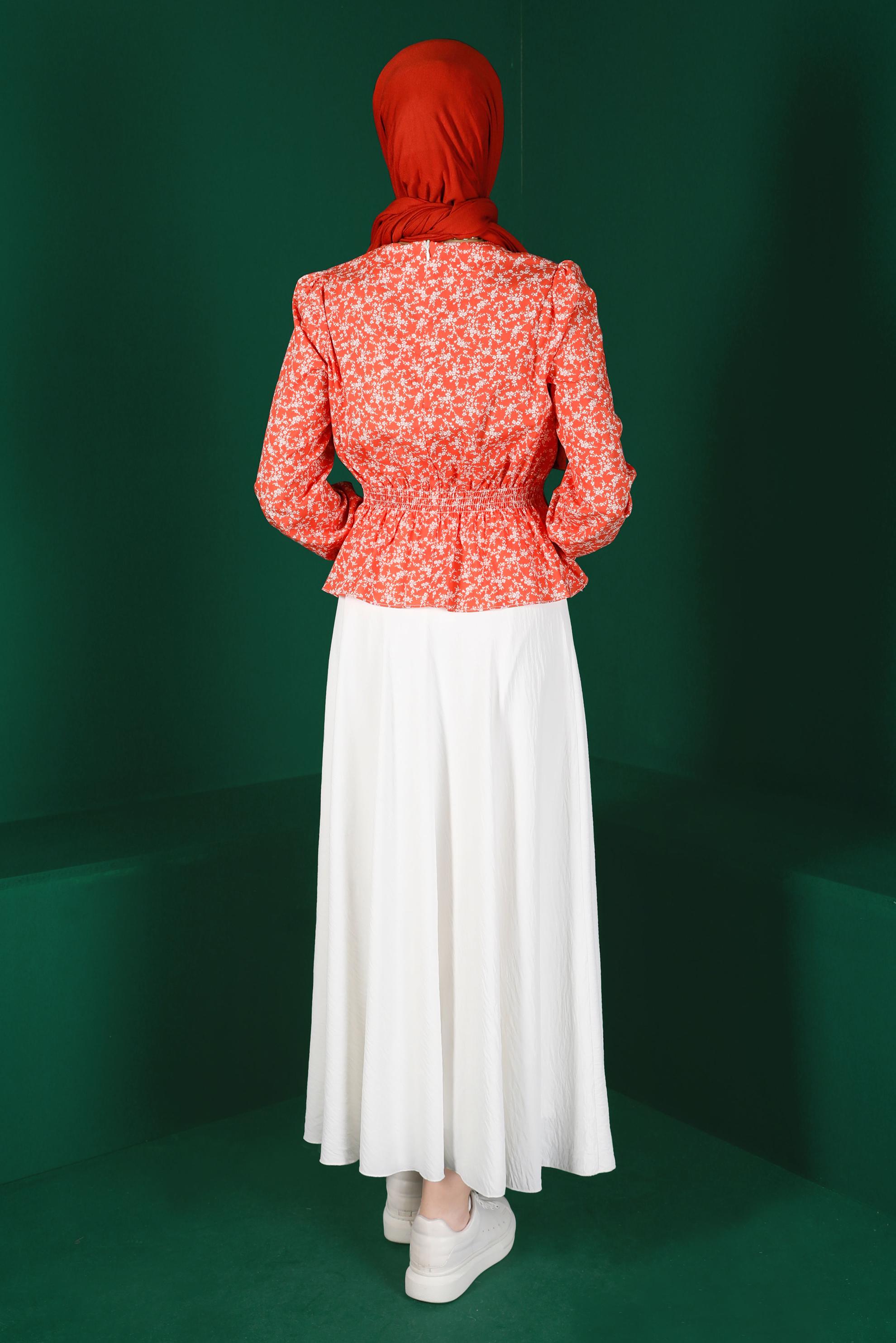 Tesettür giyim MERCAN BELİ VE MANŞETLERİ LASTİKLİ ÇİÇEKLİ BLUZ 42888 