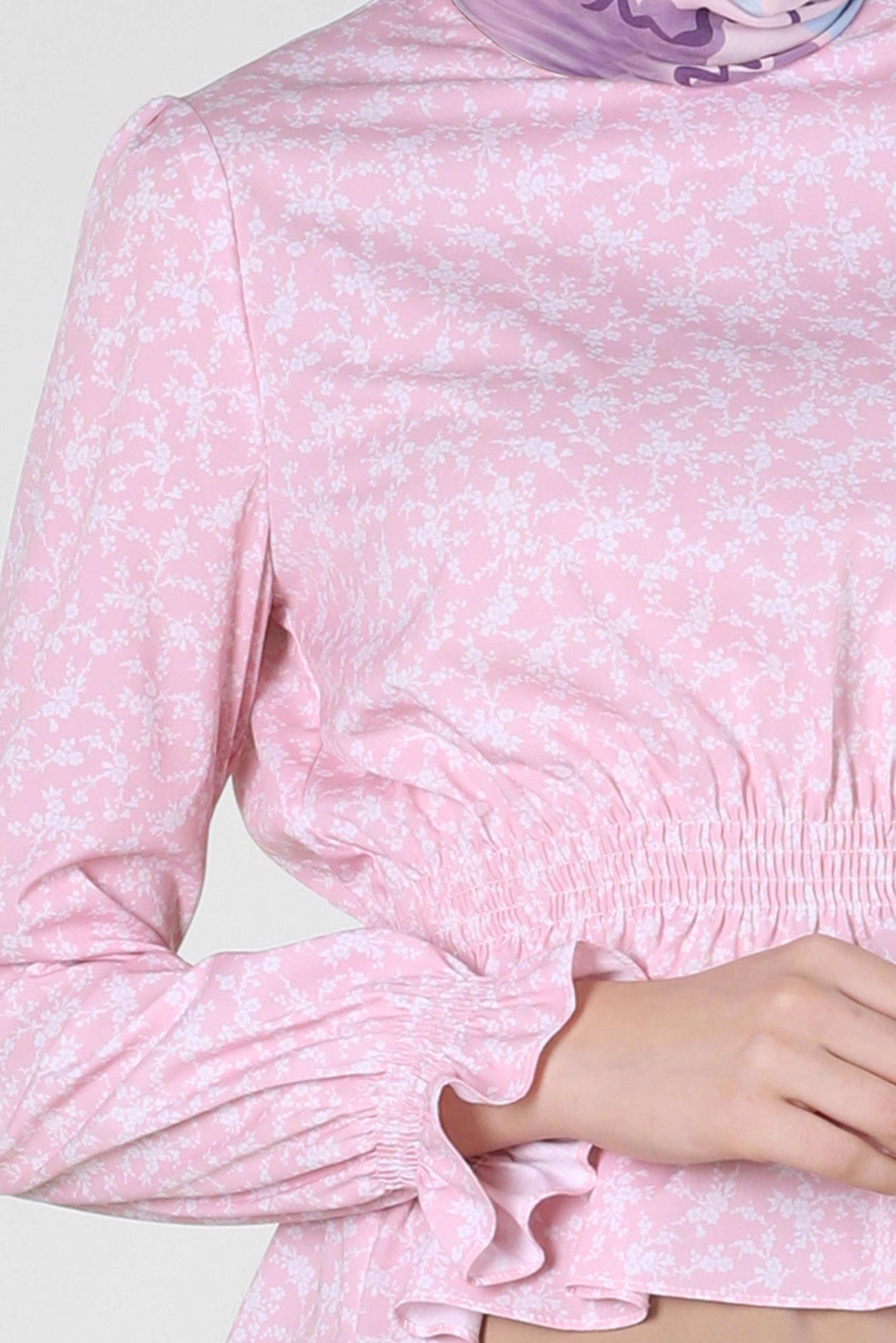 Tesettür giyim PUDRA BELİ VE MANŞETLERİ LASTİKLİ ÇİÇEKLİ BLUZ 42888 