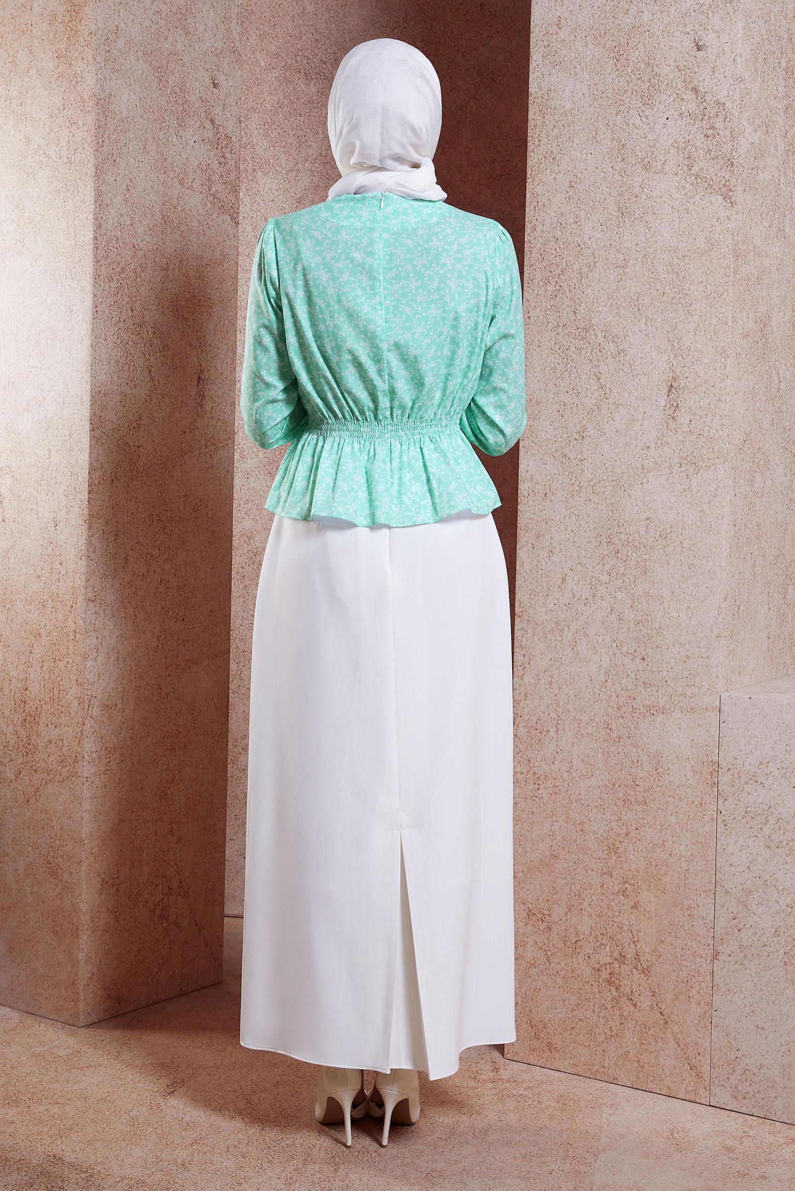 Tesettür giyim YEŞİL BELİ VE MANŞETLERİ LASTİKLİ ÇİÇEKLİ BLUZ 42888 