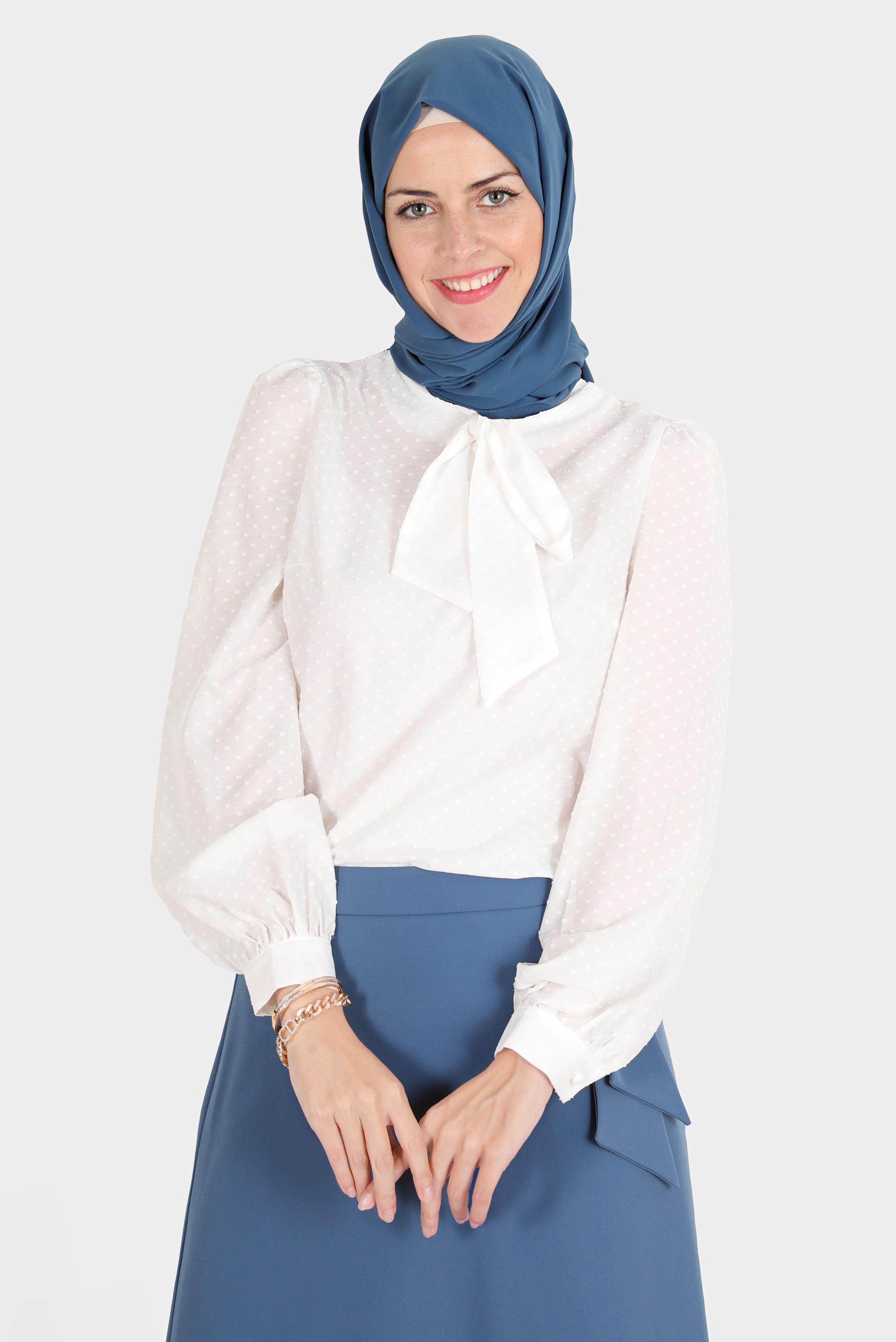 Hijab clothing WHITE TIED COLLAR PATTERNED BLOUSE 42925 
