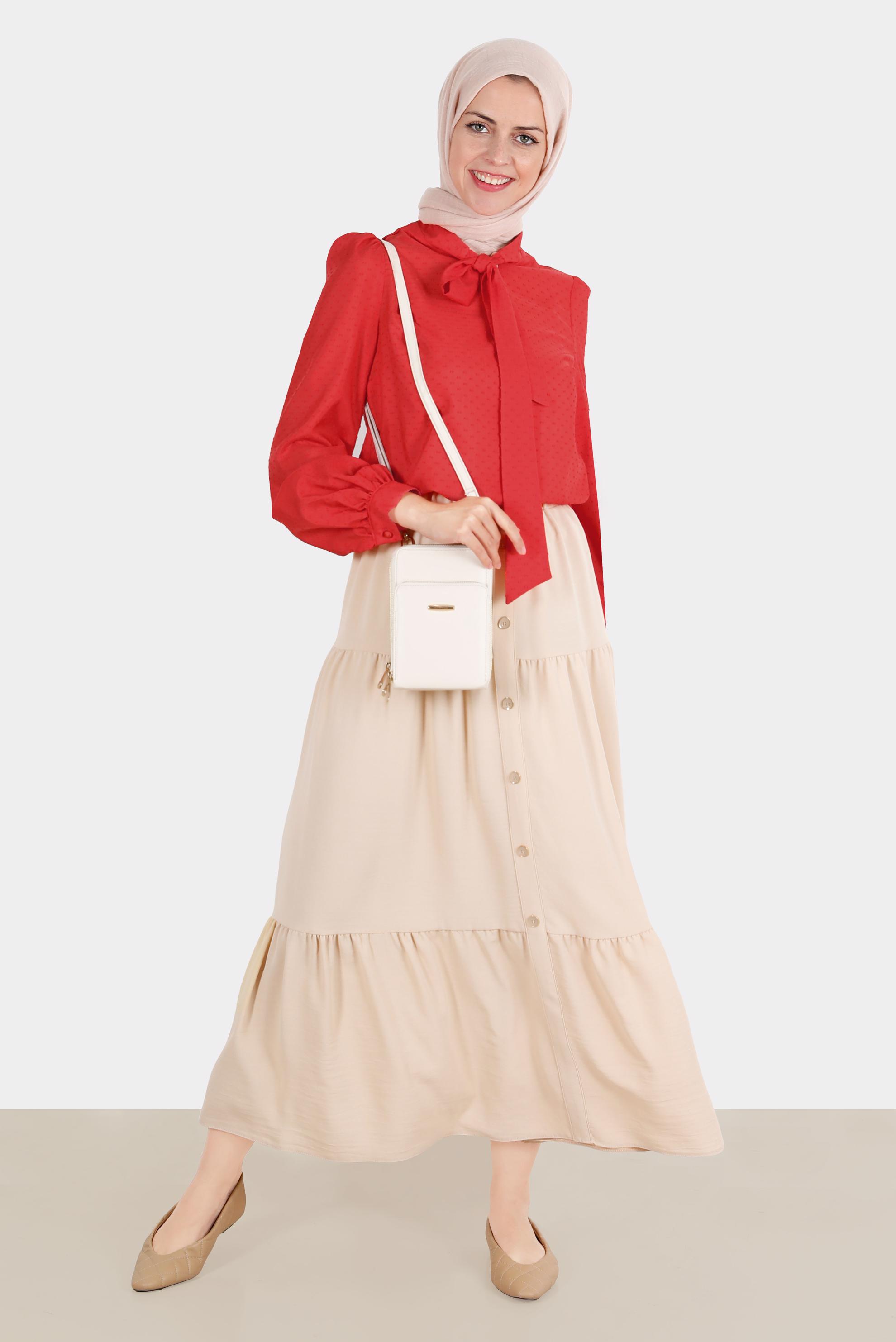 Hijab clothing RED TIED COLLAR PATTERNED BLOUSE 42925 