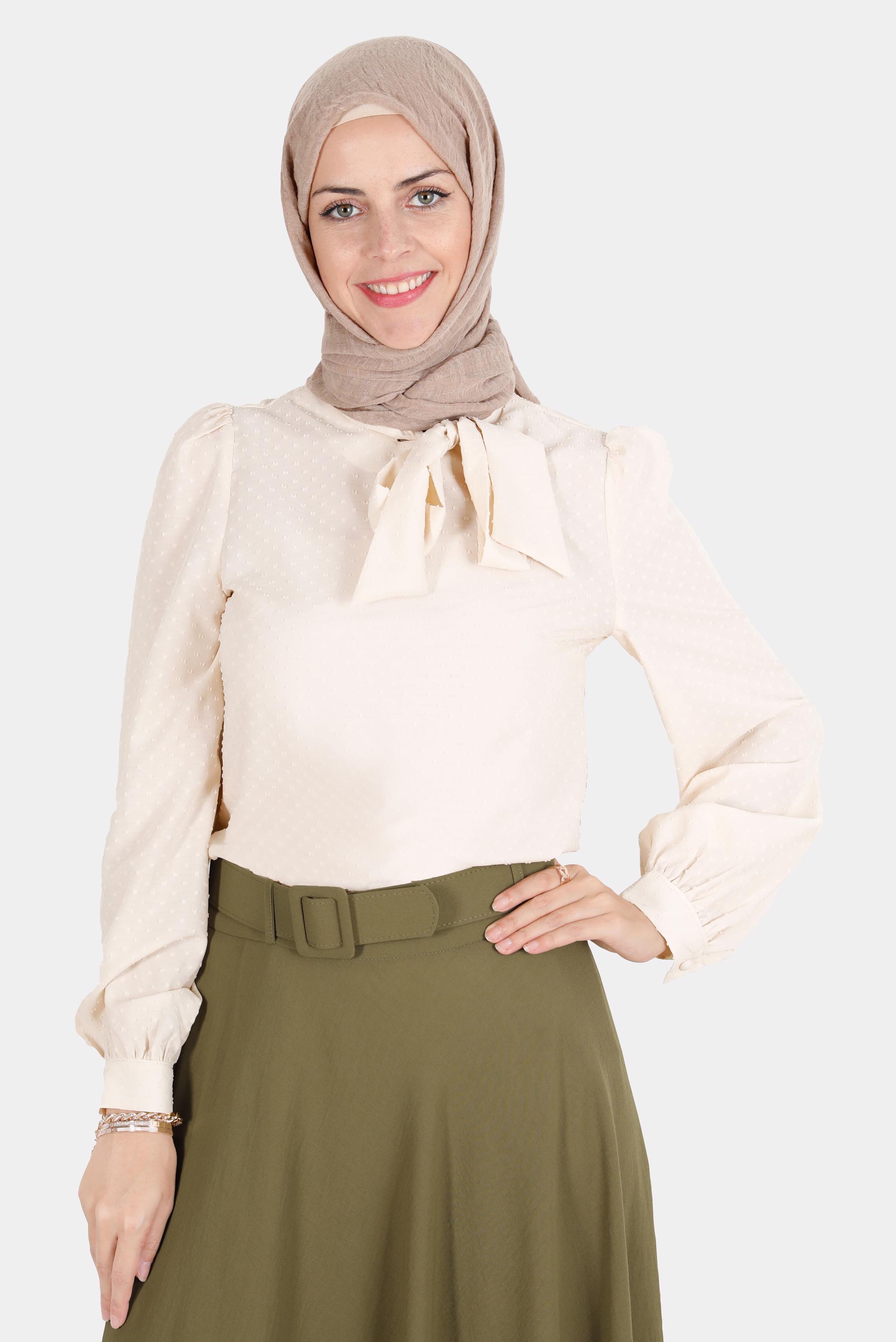 Hijab clothing BEIGE TIED COLLAR PATTERNED BLOUSE 42925 