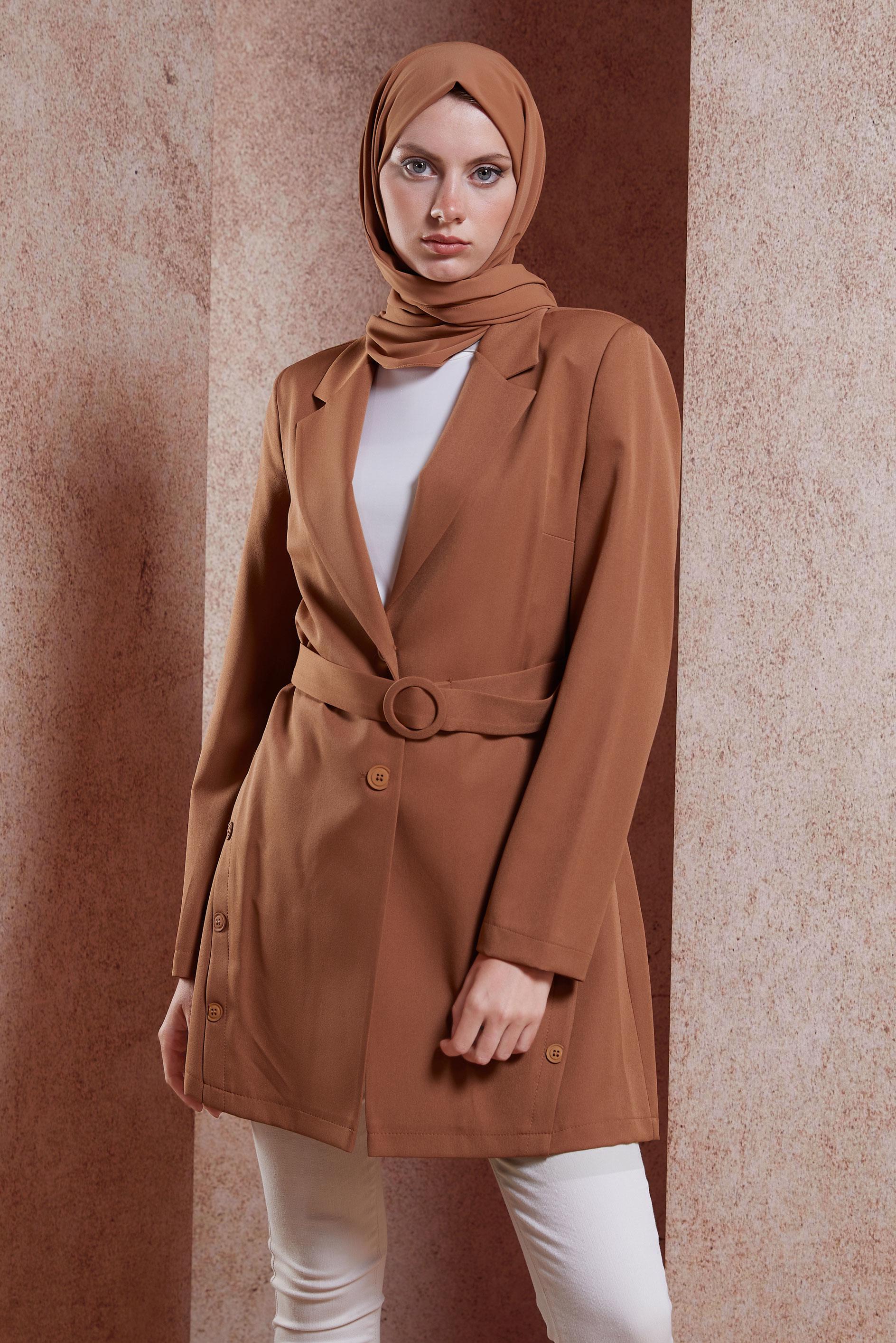 Tesettür giyim TABA KUŞAKLI DÜĞME DETAYLI CEKET 42812