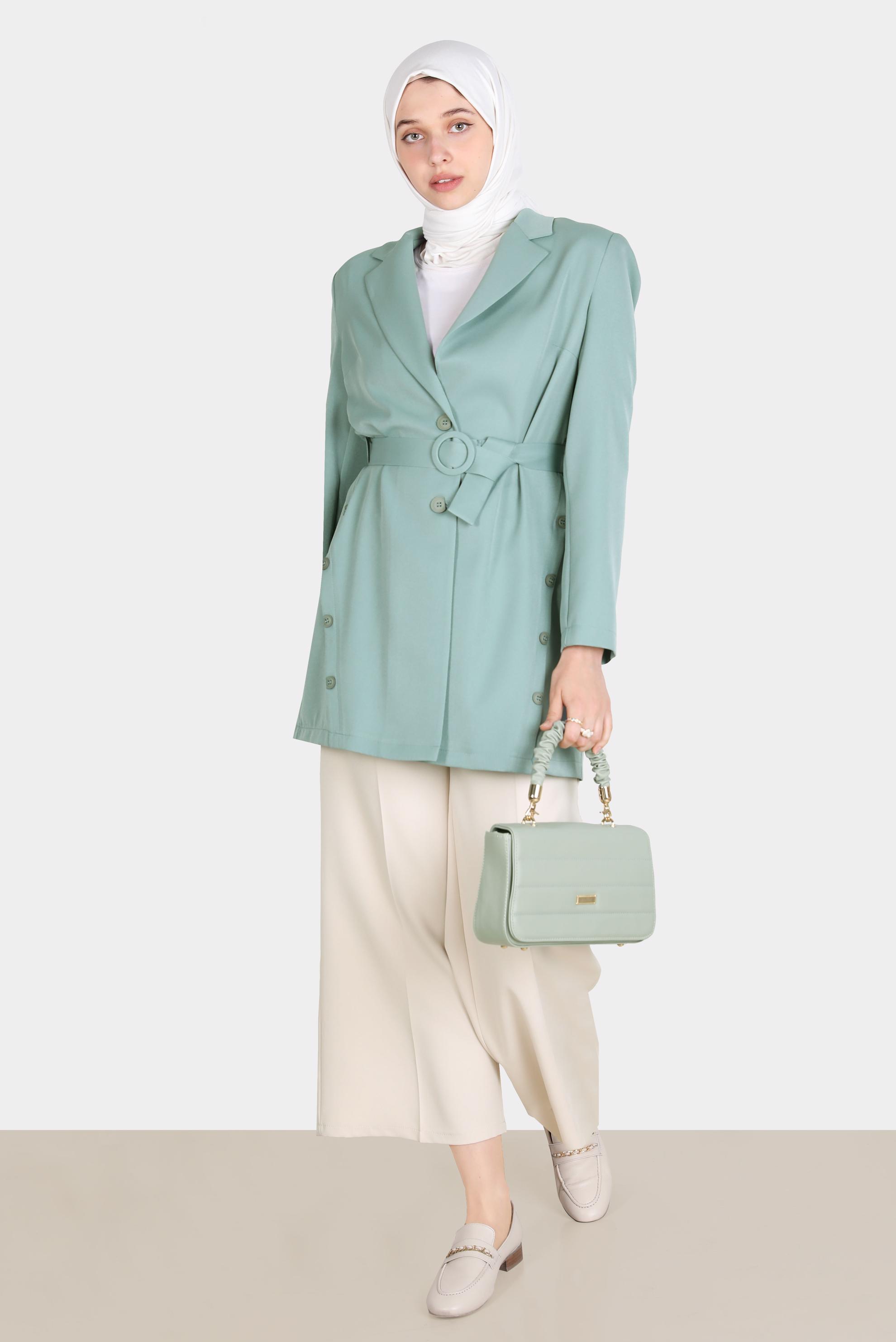 Hijab clothing GREEN BUTTON DETAIL BELTED JACKET 42812