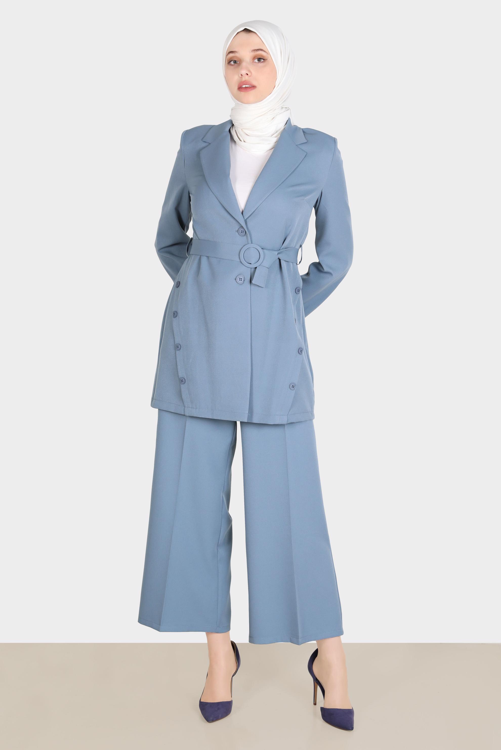 Tesettür giyim MAVİ KUŞAKLI DÜĞME DETAYLI CEKET 42812