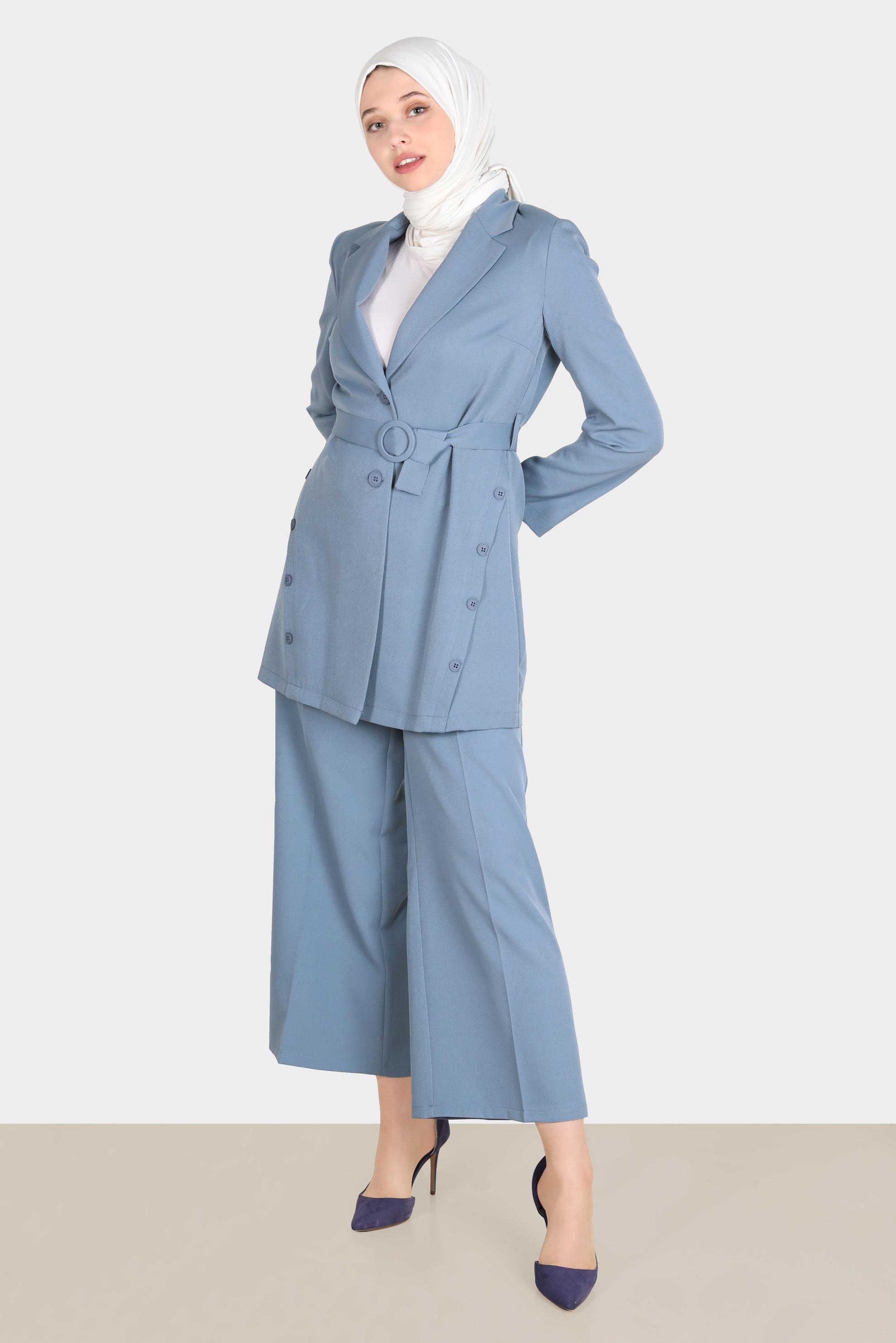 Tesettür giyim MAVİ KUŞAKLI DÜĞME DETAYLI CEKET 42812