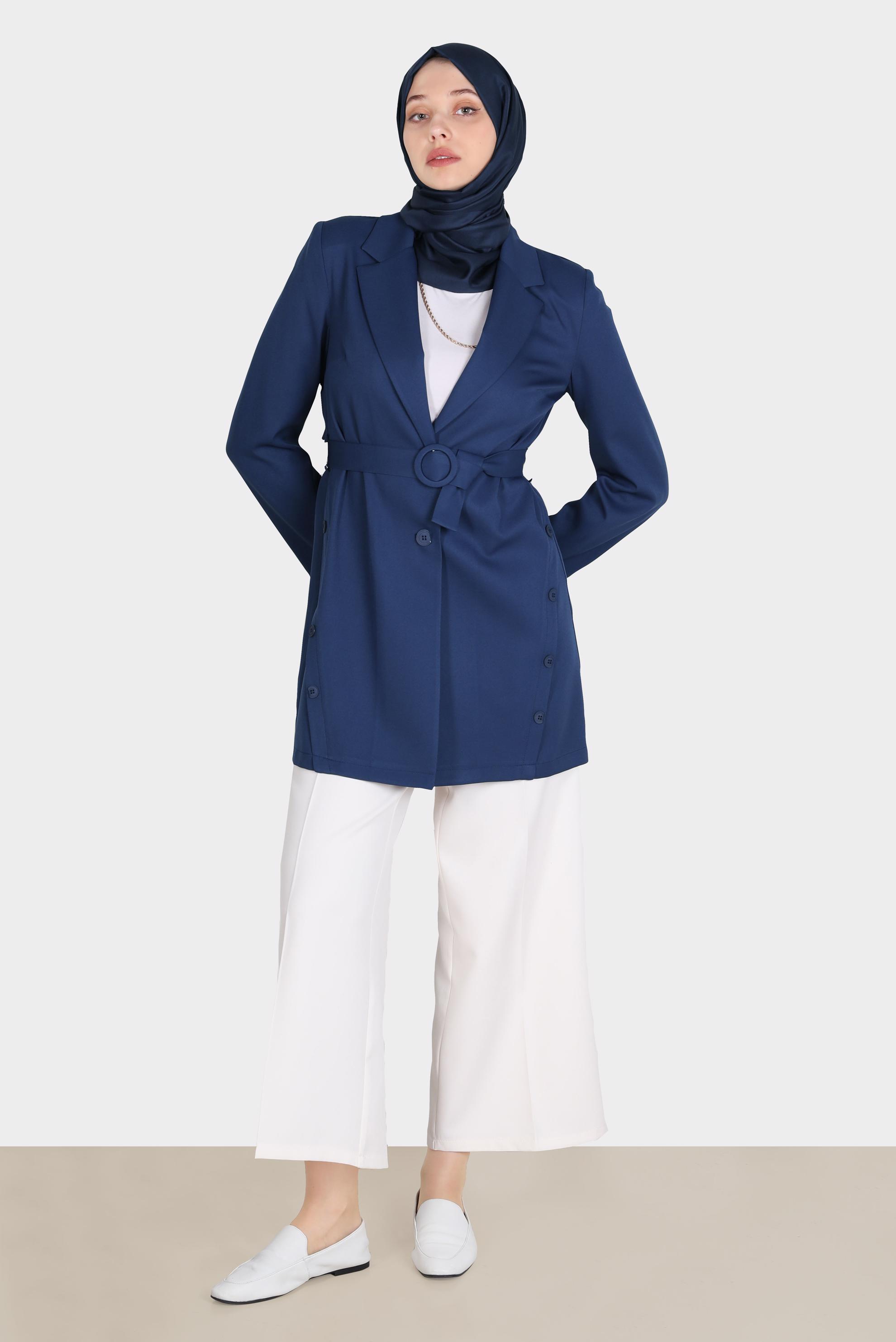 Tesettür giyim LACİVERT KUŞAKLI DÜĞME DETAYLI CEKET 42812