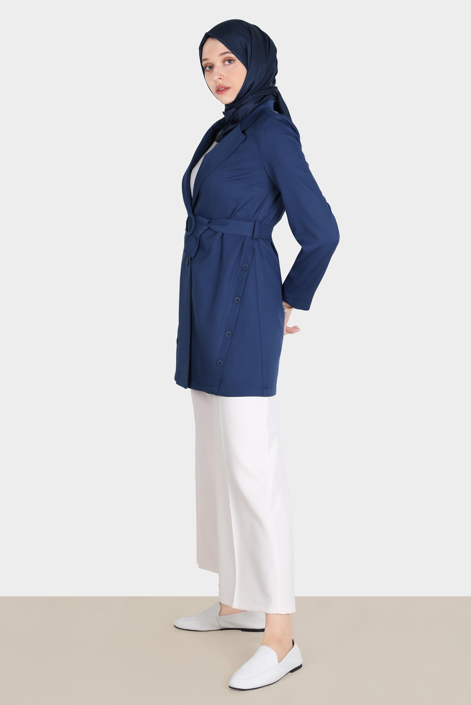 Tesettür giyim LACİVERT KUŞAKLI DÜĞME DETAYLI CEKET 42812