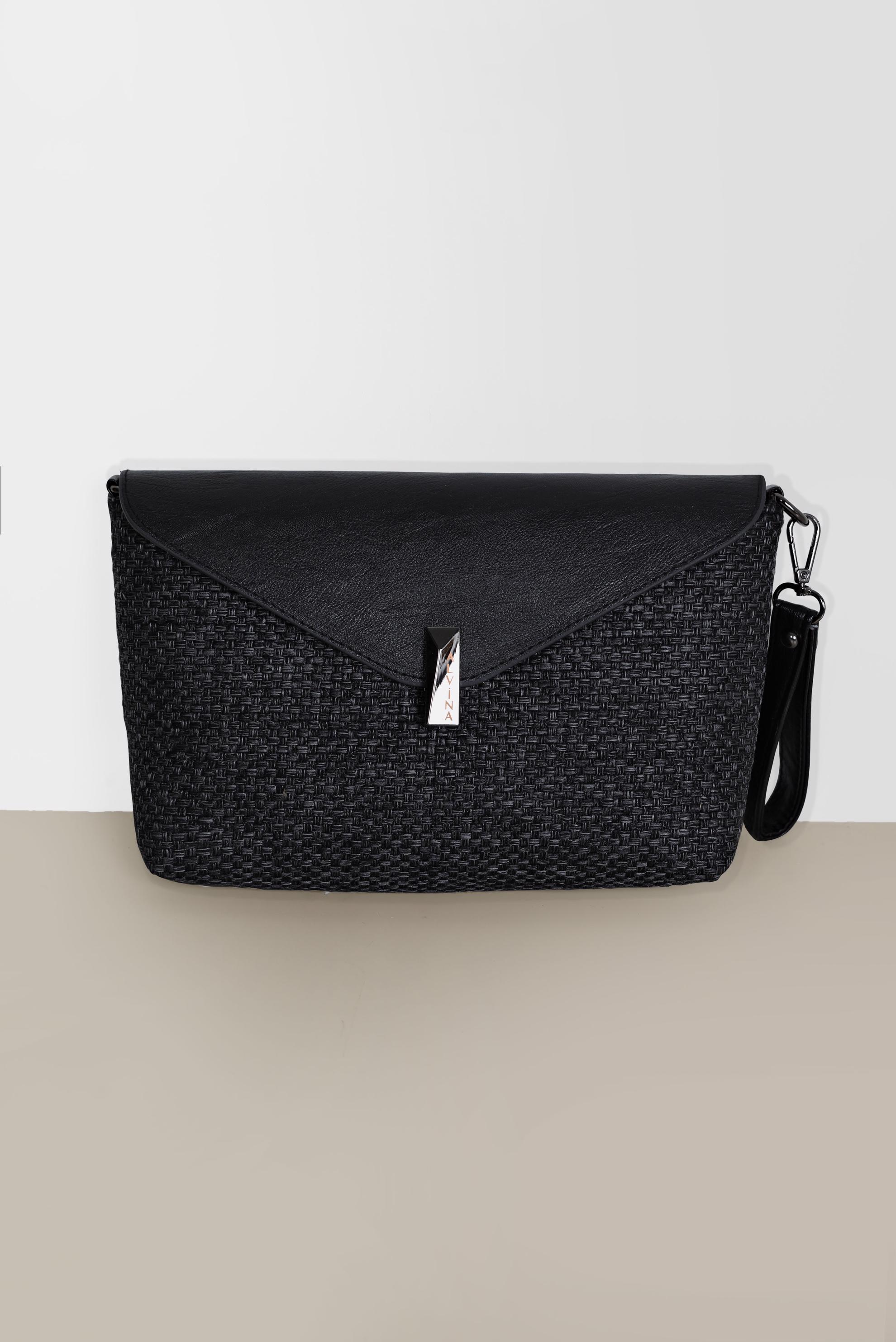 Tesettür giyim SİYAH ALVİNA DERİ DETAYLI HASIR ÇANTA 1909 