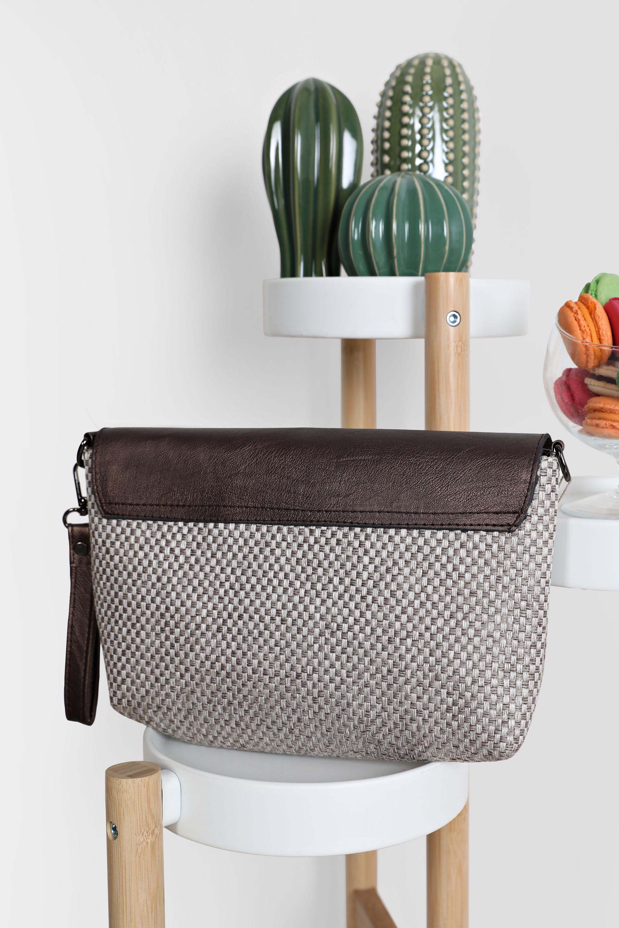 Tesettür giyim VİZON ALVİNA DERİ DETAYLI HASIR ÇANTA 1909 