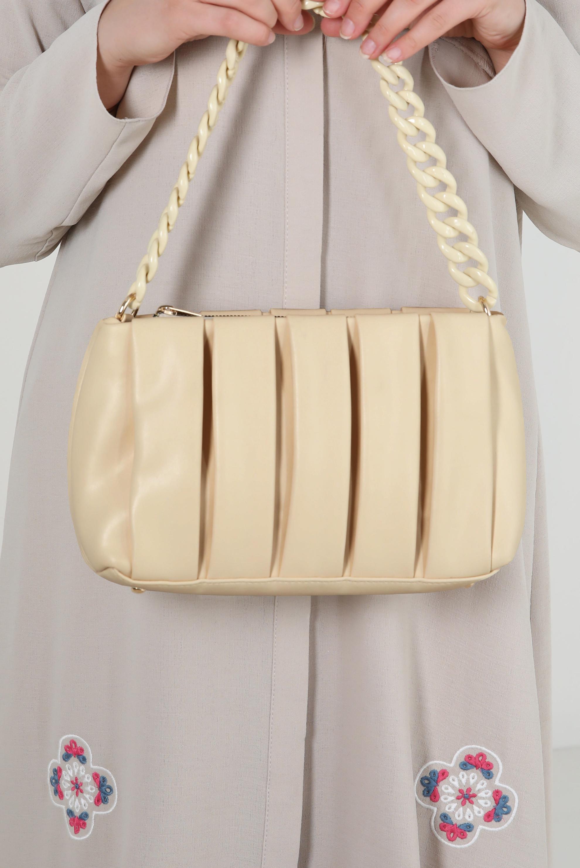 Tesettür giyim BEJ ALVİNA PİLE DETAYLI ZİNCİR ASKILI ÇANTA 2047 