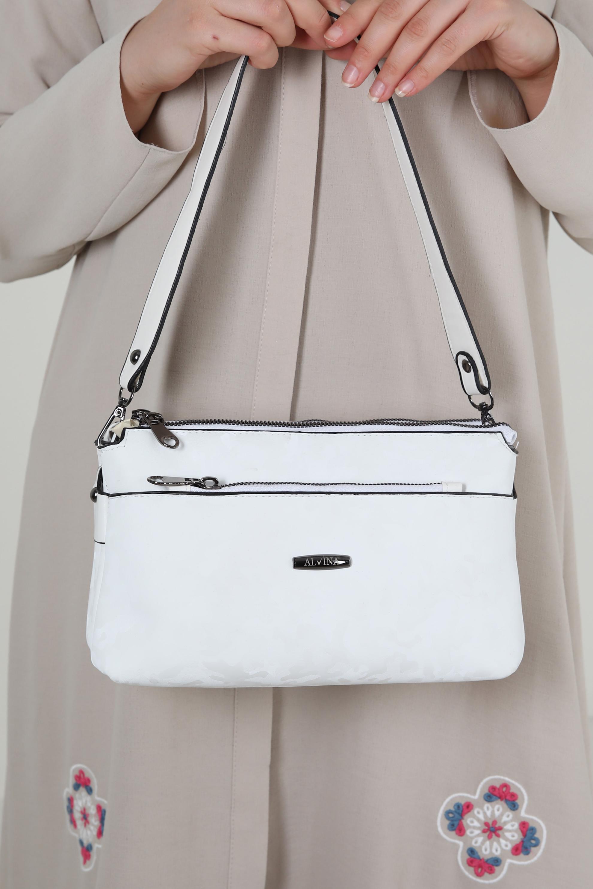 Tesettür giyim BEYAZ ALVİNA FERMUARLI DESENLİ ÇANTA 5125