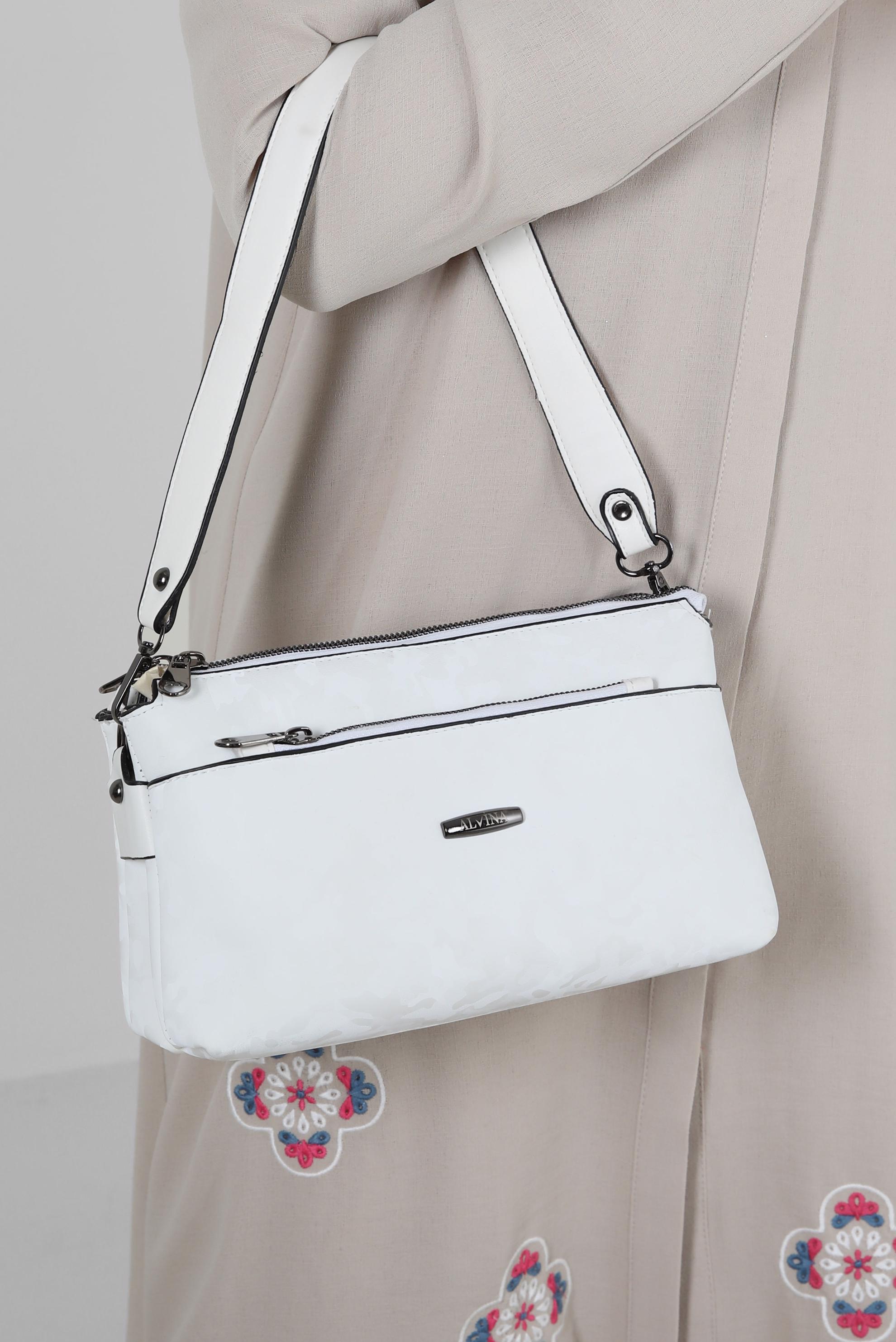 Tesettür giyim BEYAZ ALVİNA FERMUARLI DESENLİ ÇANTA 5125
