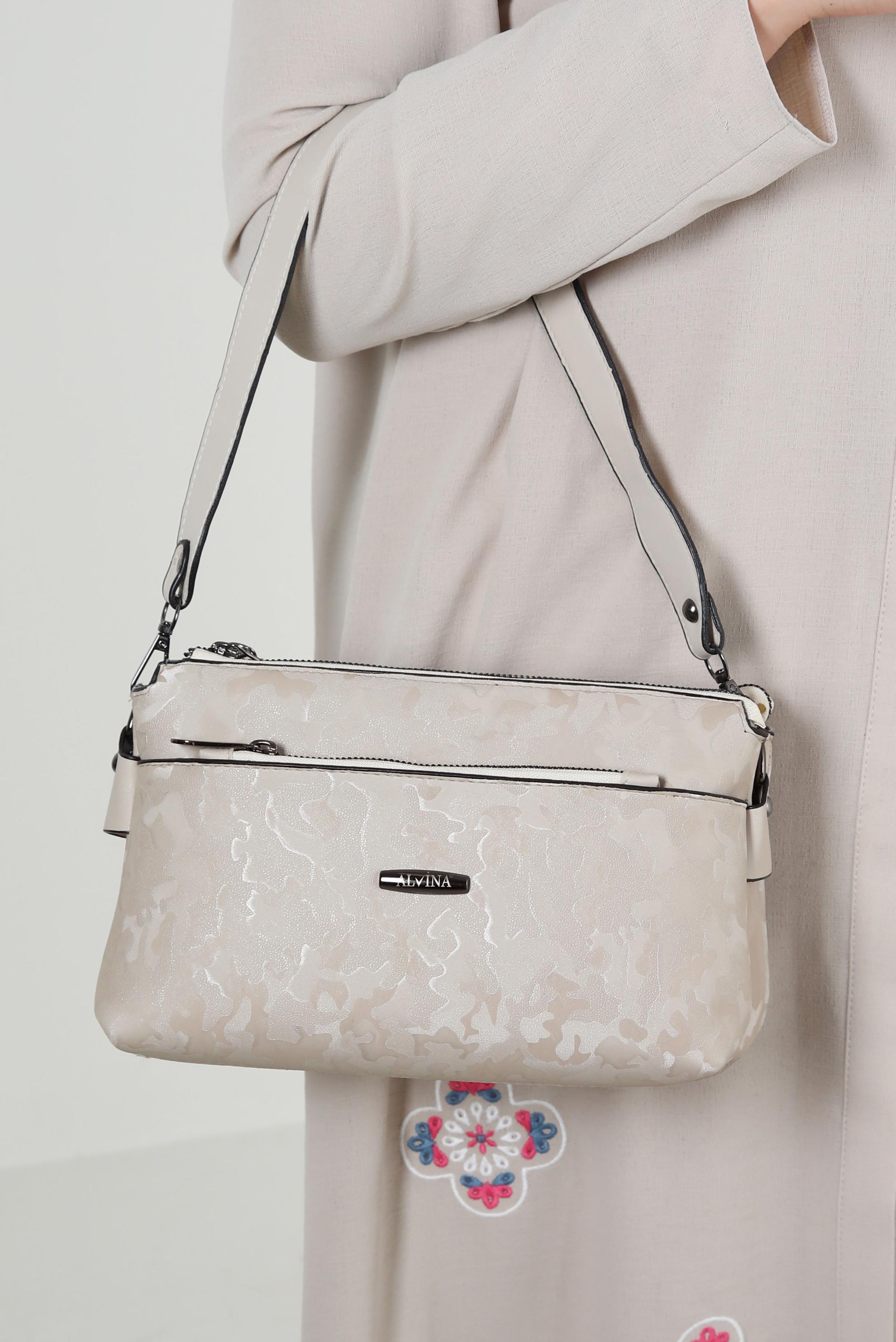 Tesettür giyim BEYAZ ALVİNA FERMUARLI DESENLİ ÇANTA 5125