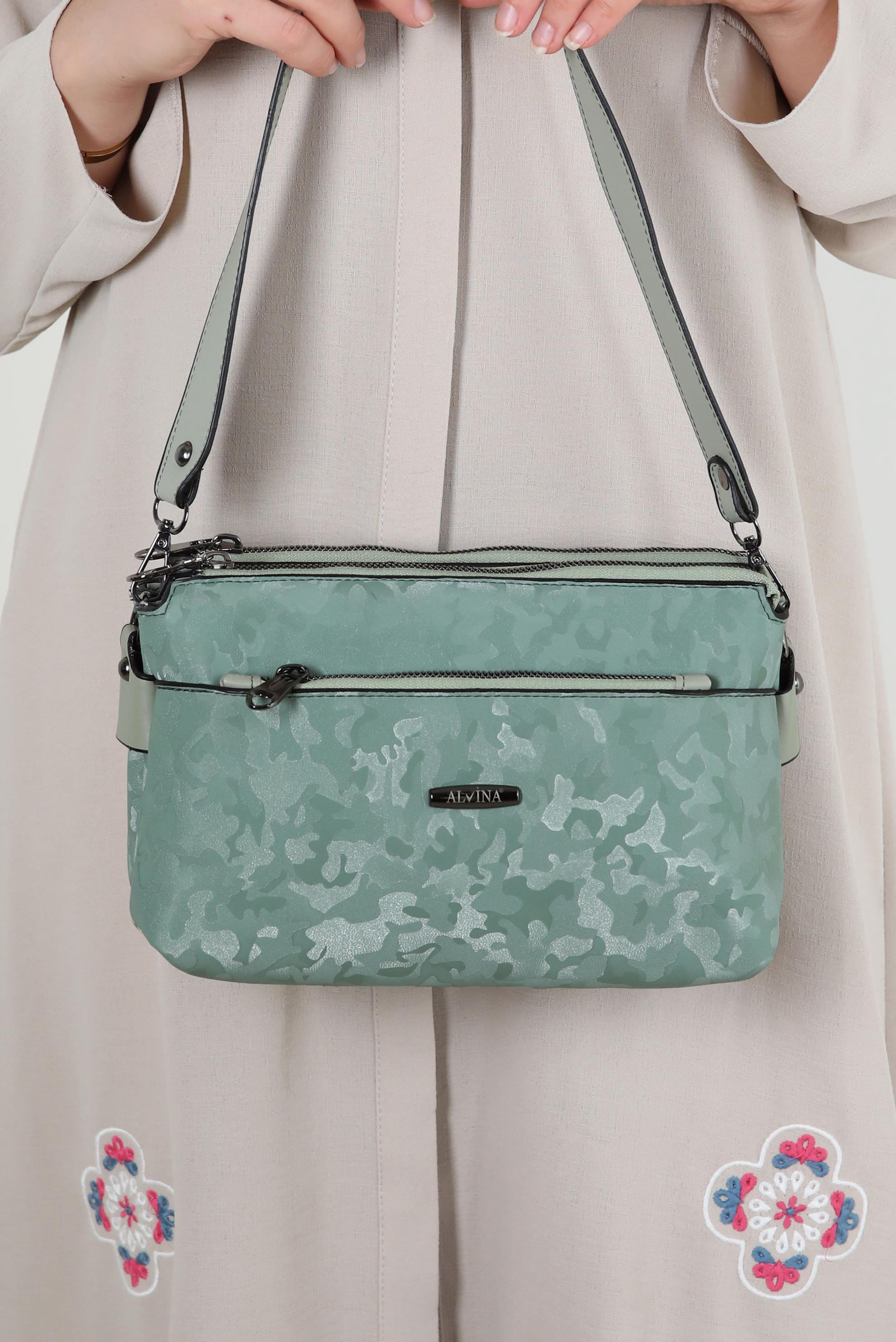 Tesettür giyim YEŞİL ALVİNA FERMUARLI DESENLİ ÇANTA 5125