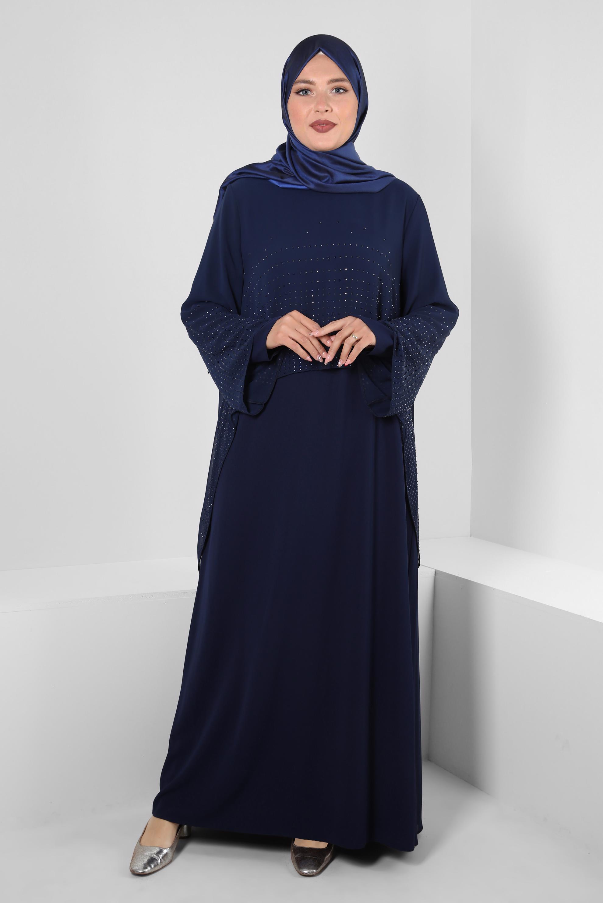 Tesettür giyim LACİVERT TAŞ BASKILI BİSİKLET YAKA ELBİSE 20222