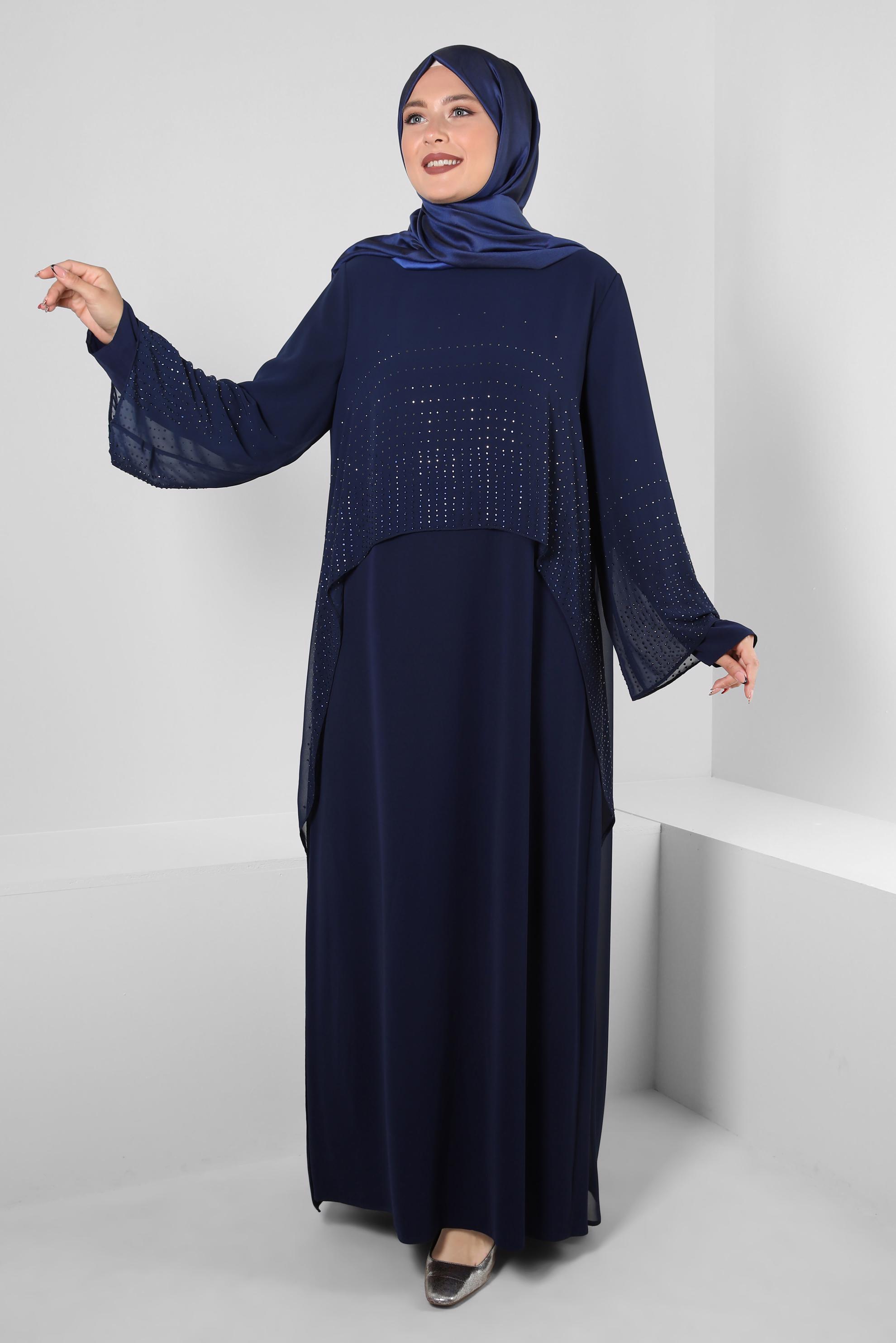 Tesettür giyim LACİVERT TAŞ BASKILI BİSİKLET YAKA ELBİSE 20222