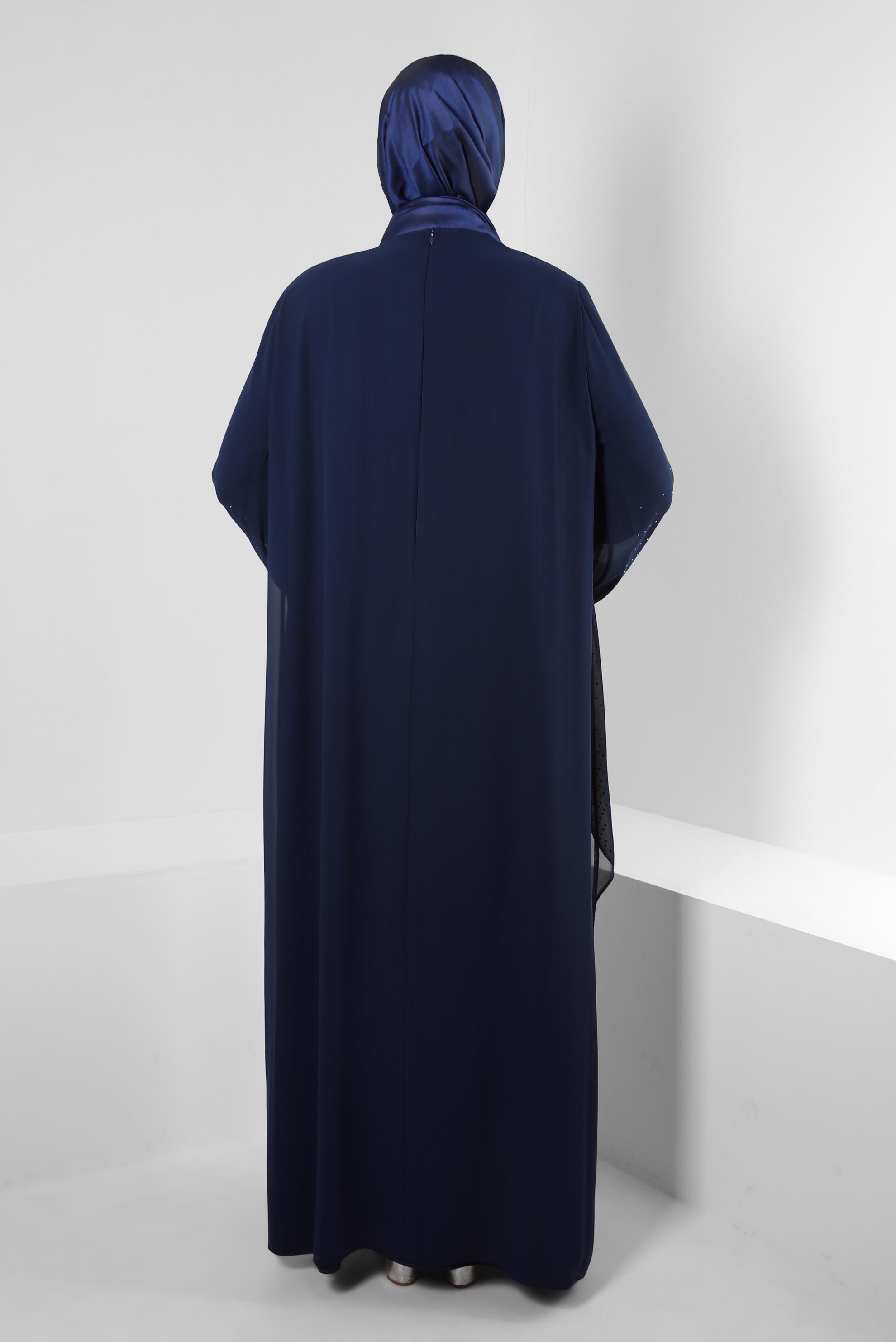 Tesettür giyim LACİVERT TAŞ BASKILI BİSİKLET YAKA ELBİSE 20222