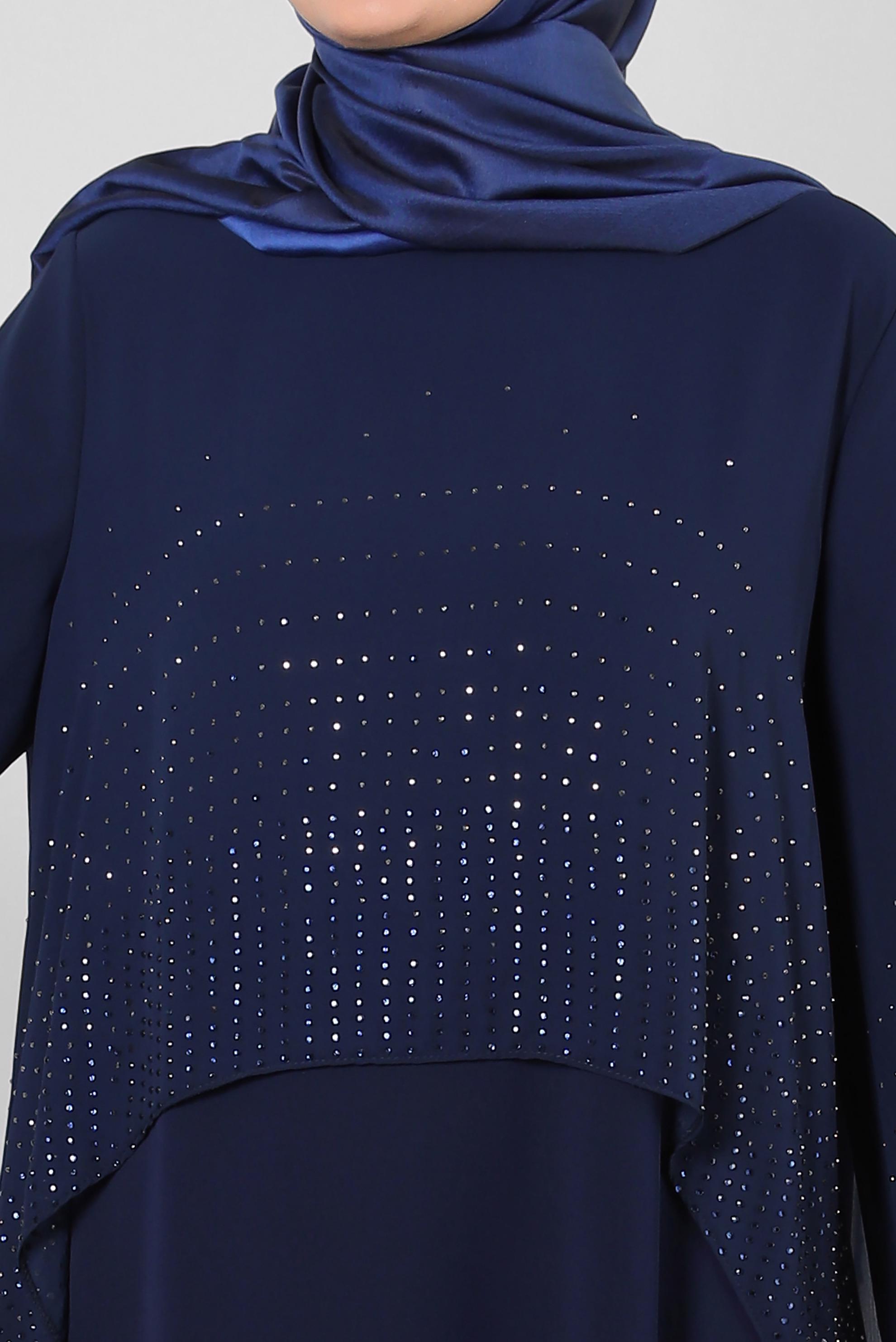 Tesettür giyim LACİVERT TAŞ BASKILI BİSİKLET YAKA ELBİSE 20222