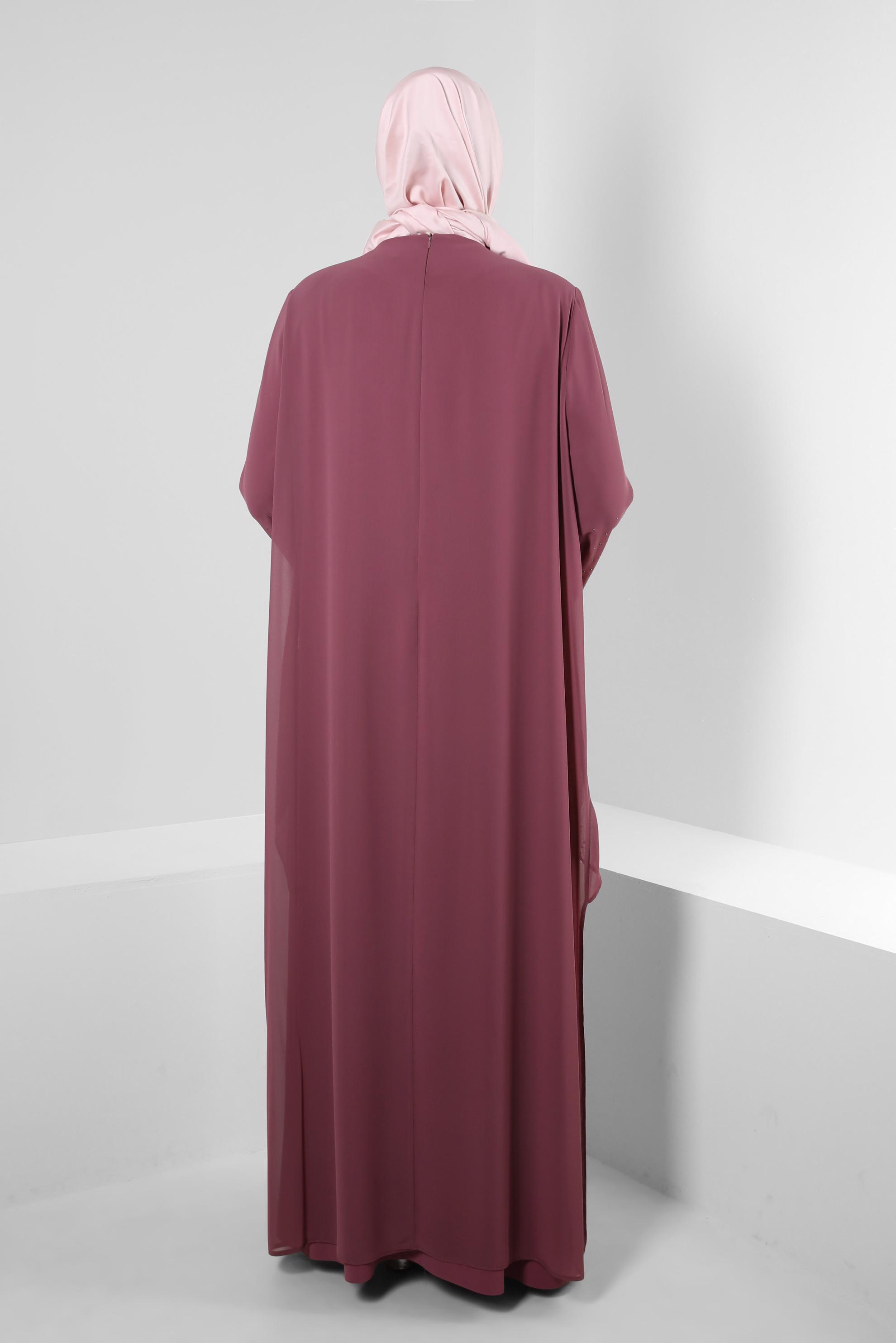 Tesettür giyim PEMBE TAŞ BASKILI BİSİKLET YAKA ELBİSE 20222