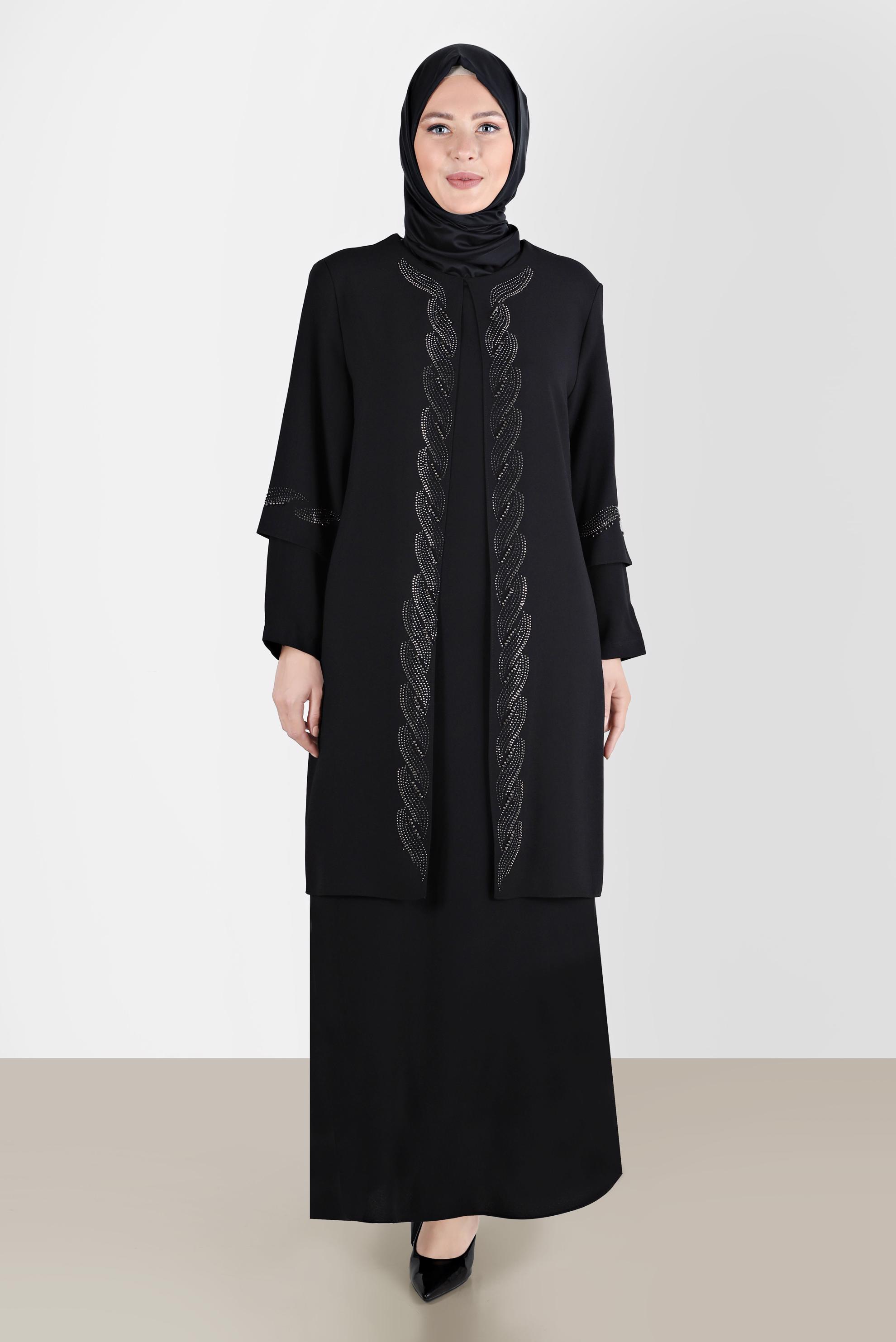 Hijab clothing BLACK PADDED CREPE DRESS WITH GEM 20223 