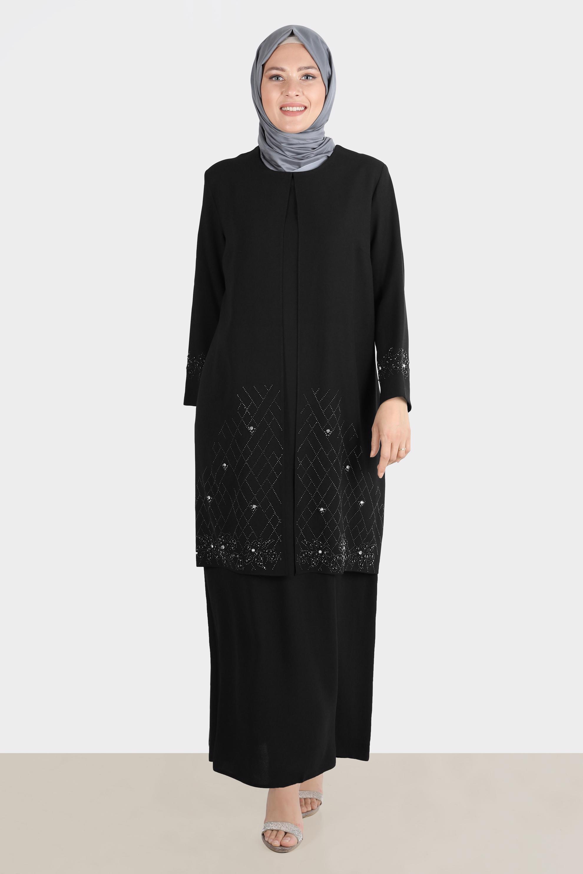 Tesettür giyim SİYAH TAŞ İŞLEMELİ KREP ELBİSE 20224