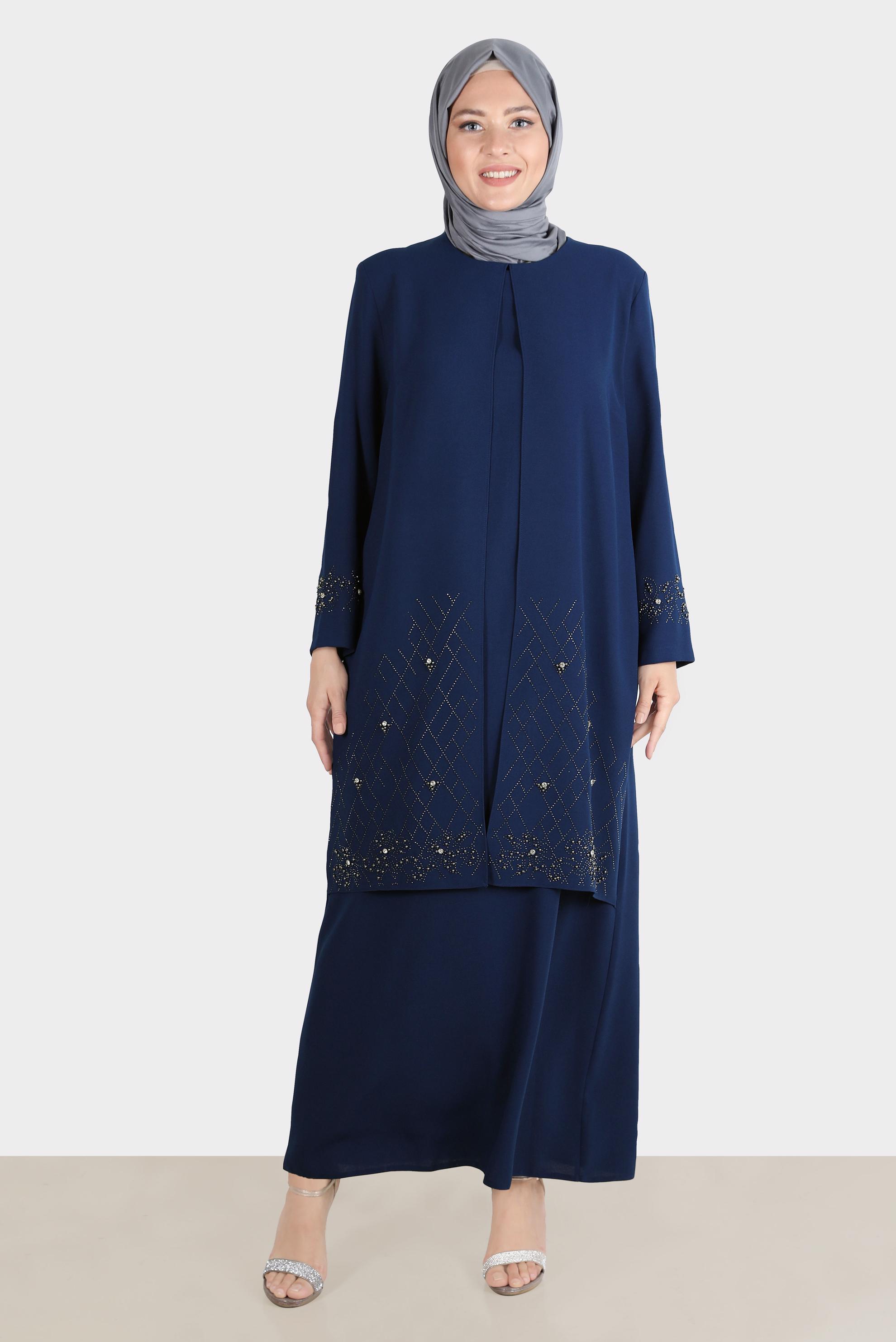 Hijab clothing NAVY BLUE GEM EMBROIDERED CREPE DRESS 20224