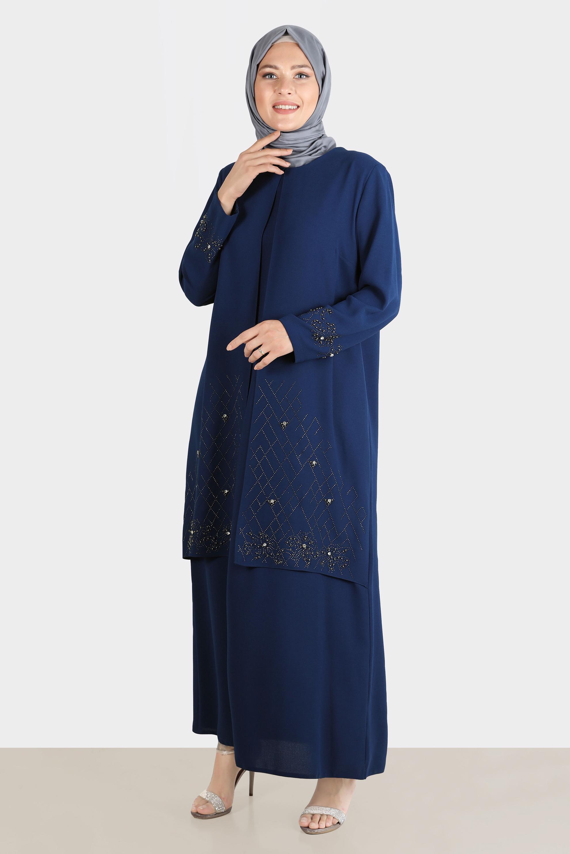 Hijab clothing NAVY BLUE GEM EMBROIDERED CREPE DRESS 20224