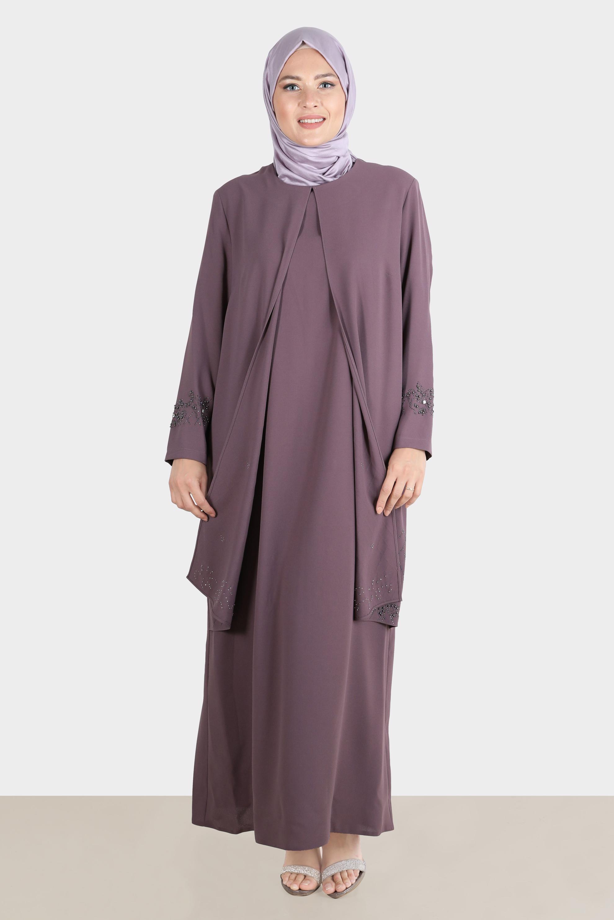 Tesettür giyim PEMBE TAŞ İŞLEMELİ KREP ELBİSE 20224