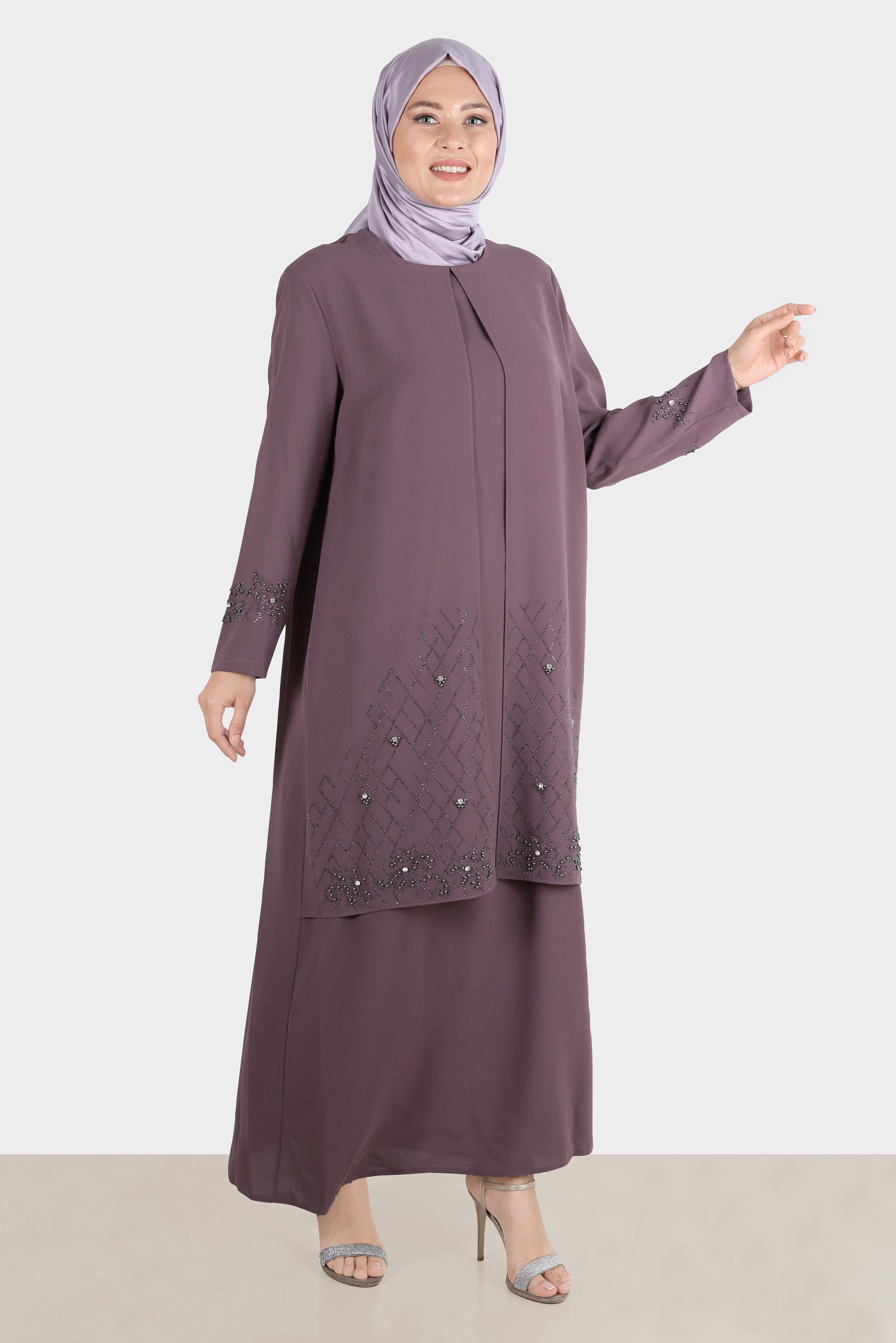 Tesettür giyim PEMBE TAŞ İŞLEMELİ KREP ELBİSE 20224