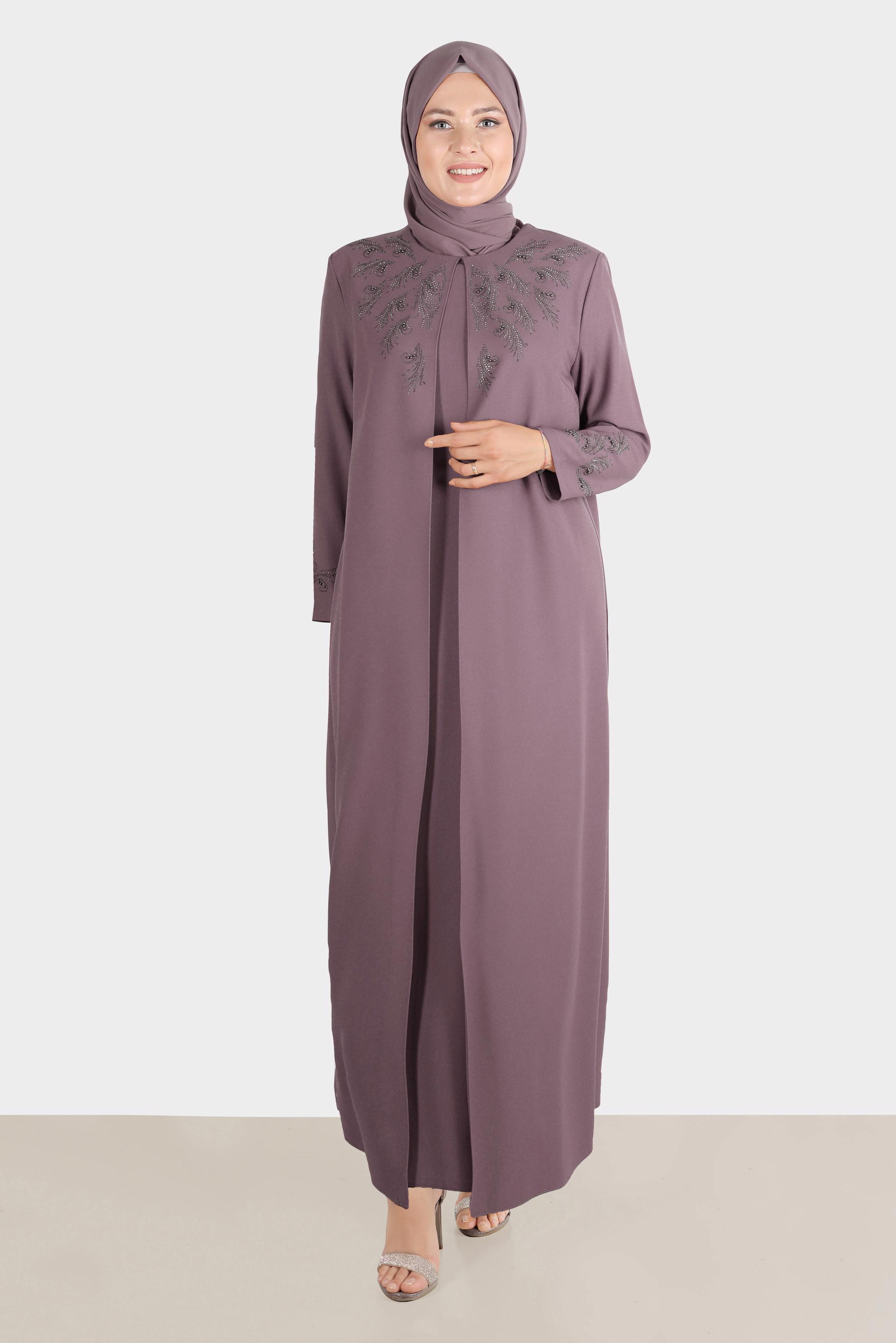 Tesettür giyim PEMBE TAŞLI KREP ELBİSE 20225 
