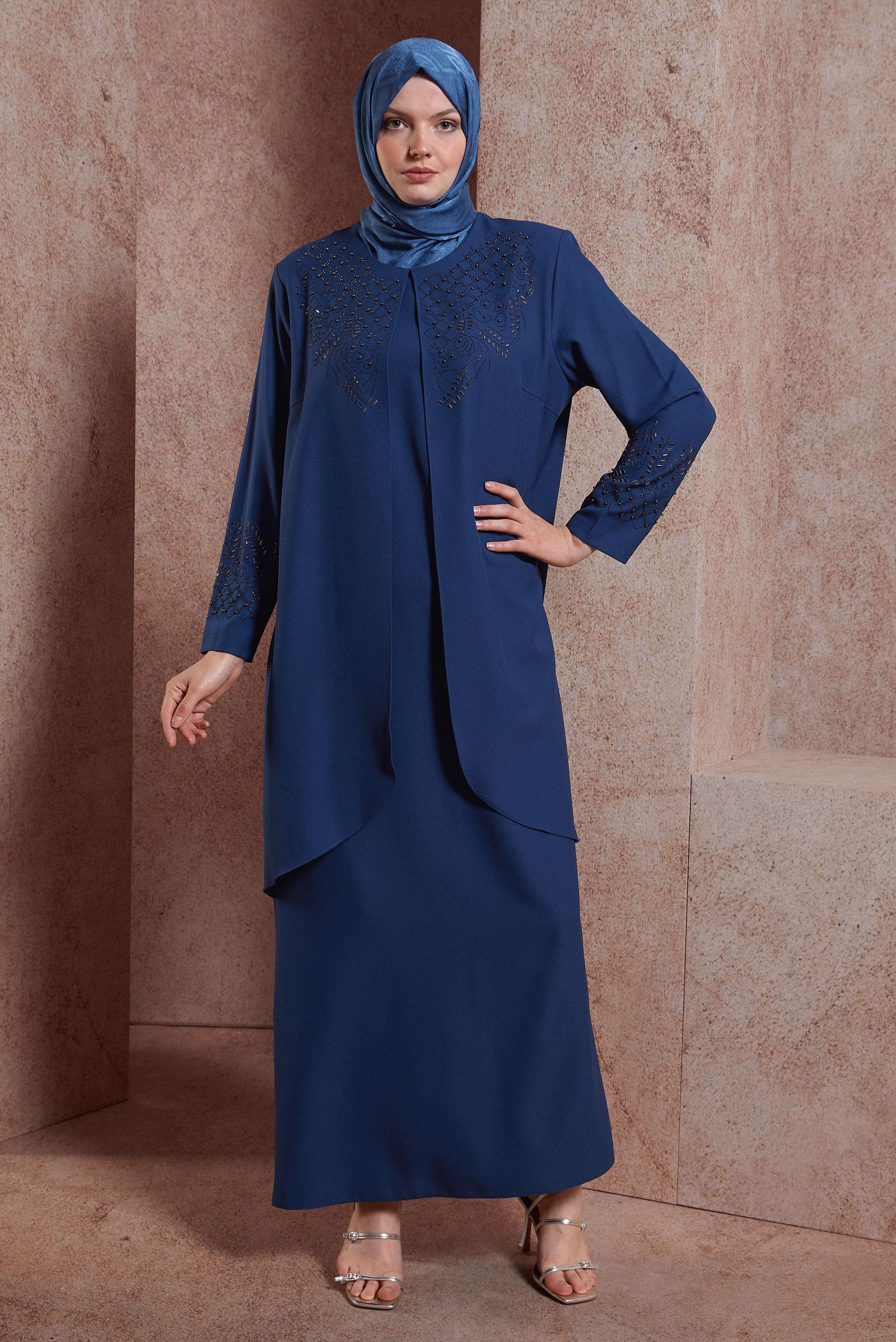 Tesettür giyim LACİVERT TAŞ DETAYLI VATKALI ELBİSE 20227