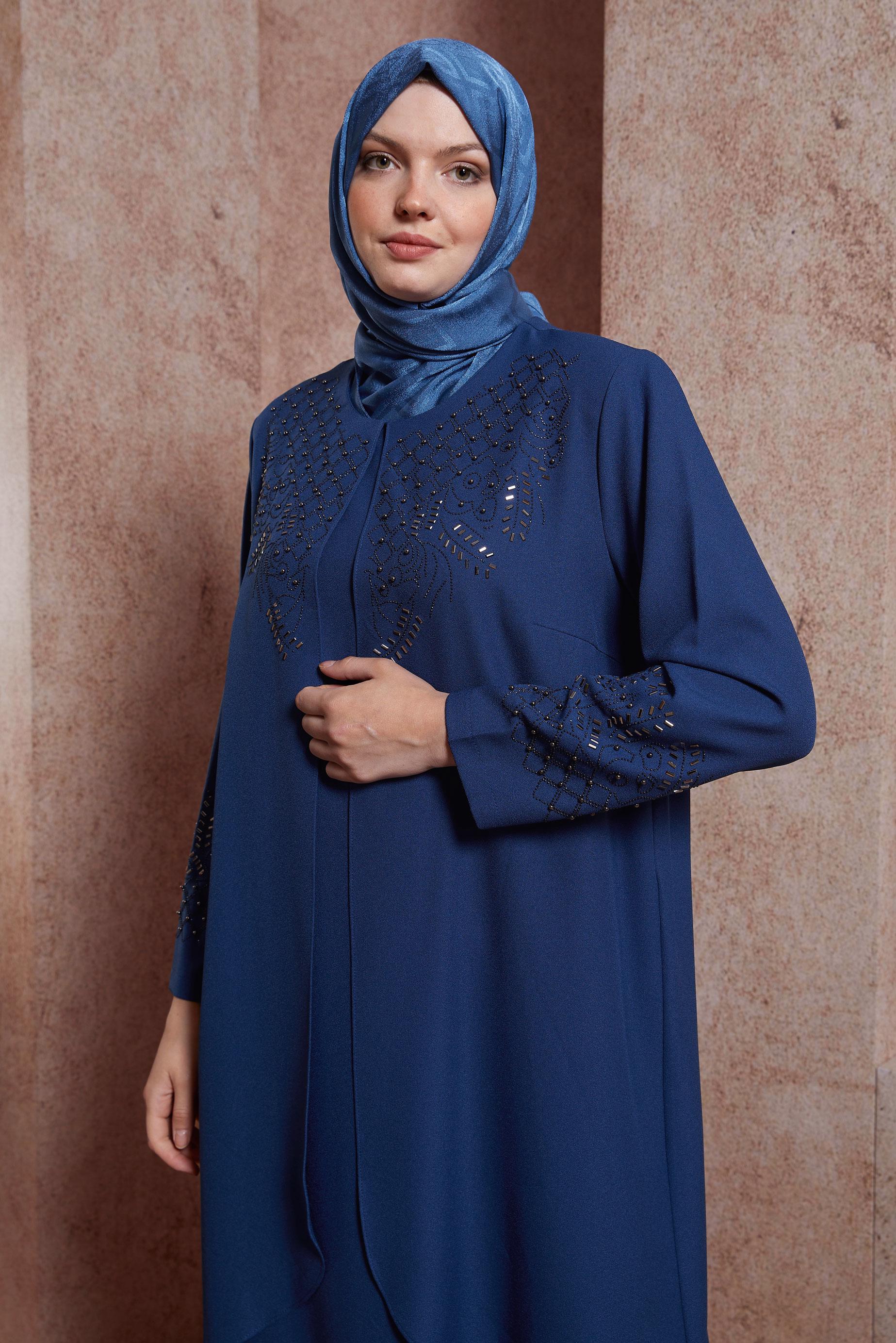 Tesettür giyim LACİVERT TAŞ DETAYLI VATKALI ELBİSE 20227