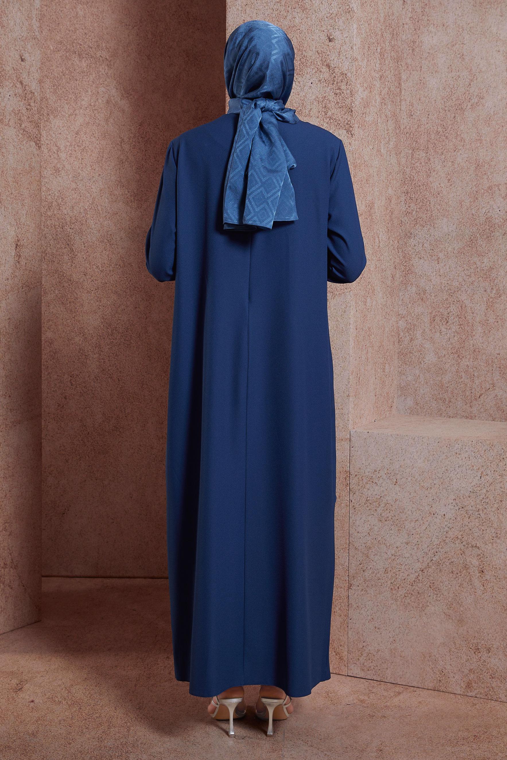 Tesettür giyim LACİVERT TAŞ DETAYLI VATKALI ELBİSE 20227