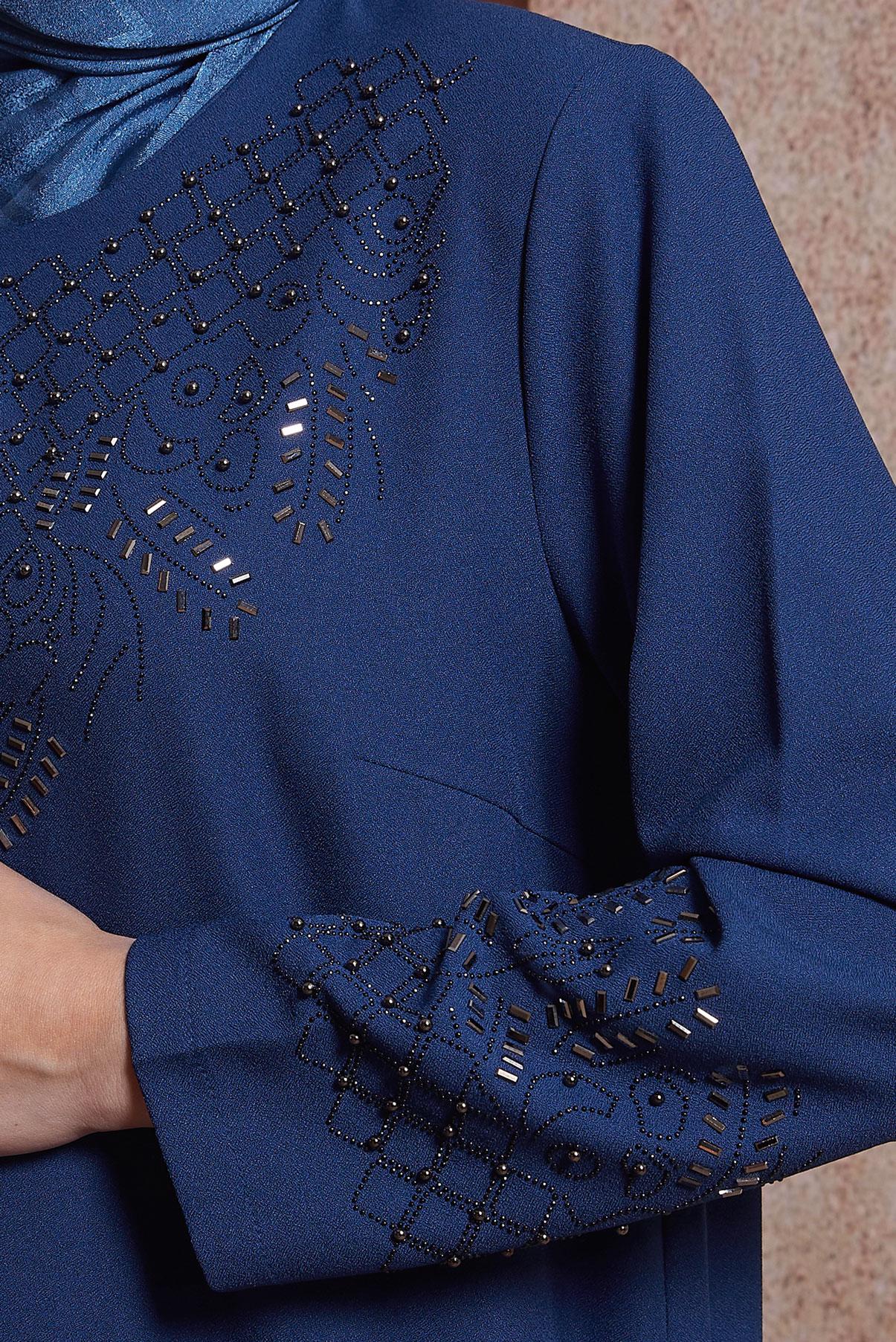 Tesettür giyim LACİVERT TAŞ DETAYLI VATKALI ELBİSE 20227