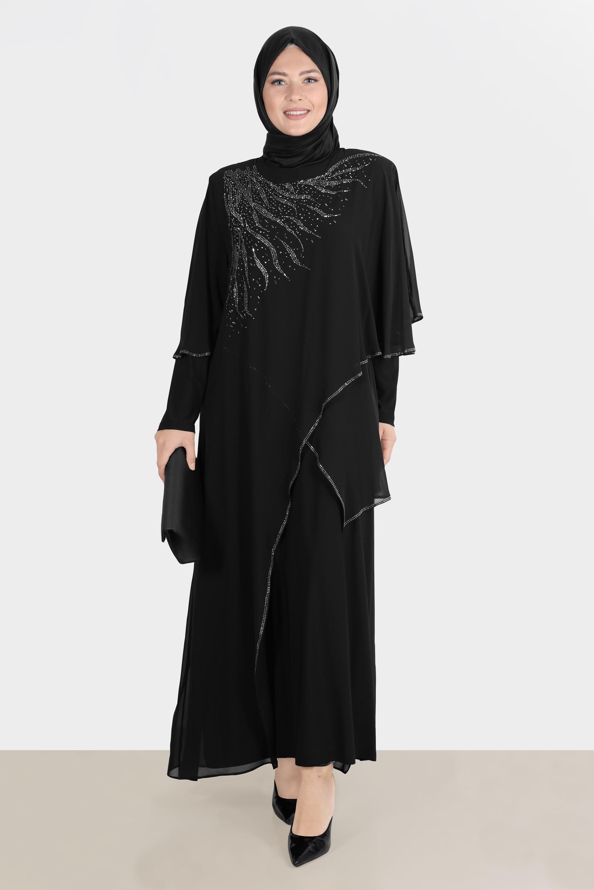 Hijab clothing BLACK ASYMMETRIC CUT GEM DETAIL CHIFFON DRESS 20230