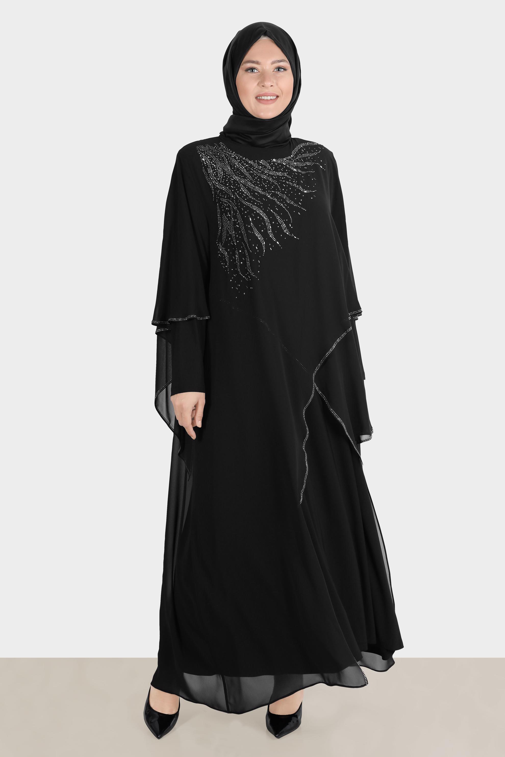 Hijab clothing BLACK ASYMMETRIC CUT GEM DETAIL CHIFFON DRESS 20230
