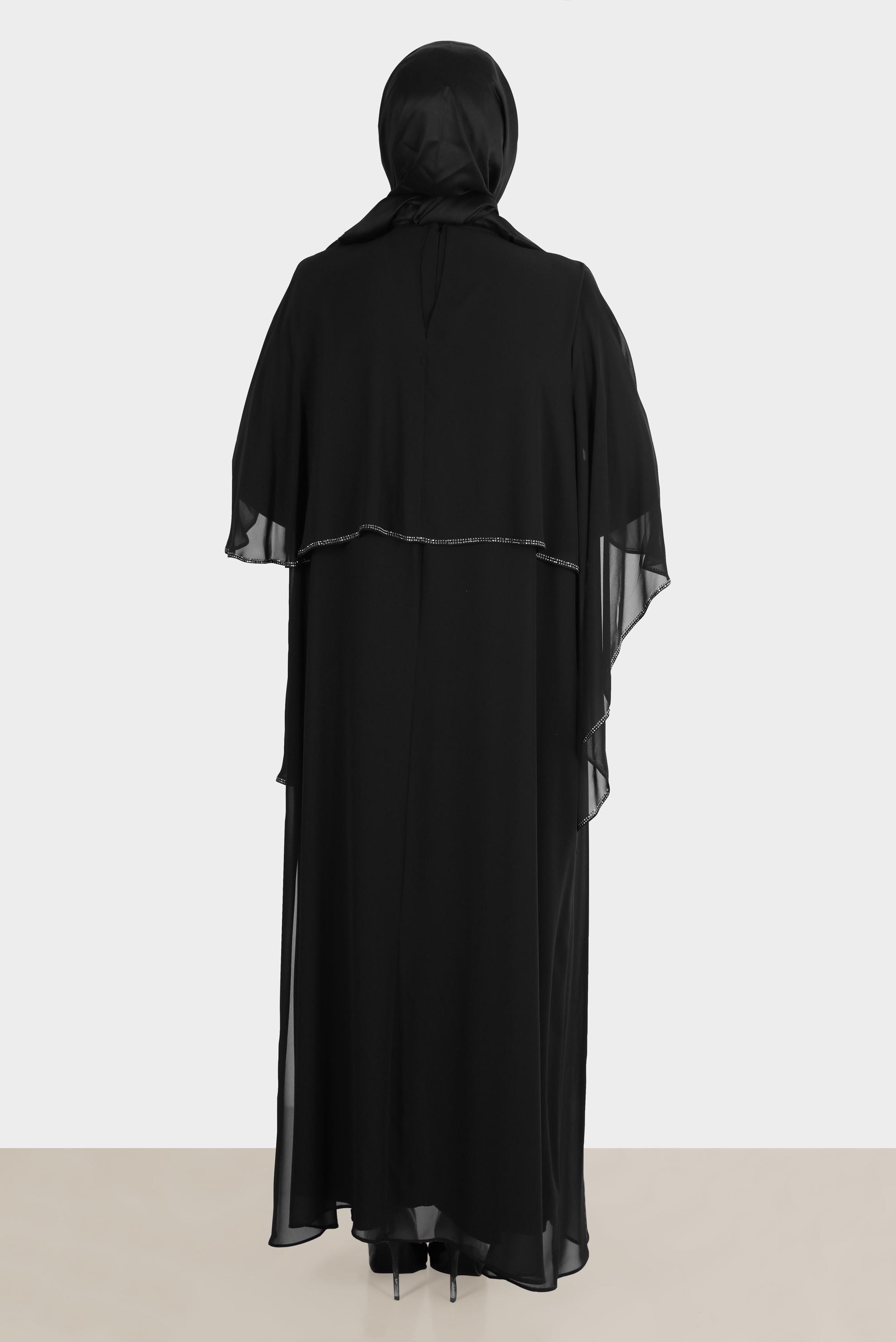 Hijab clothing BLACK ASYMMETRIC CUT GEM DETAIL CHIFFON DRESS 20230