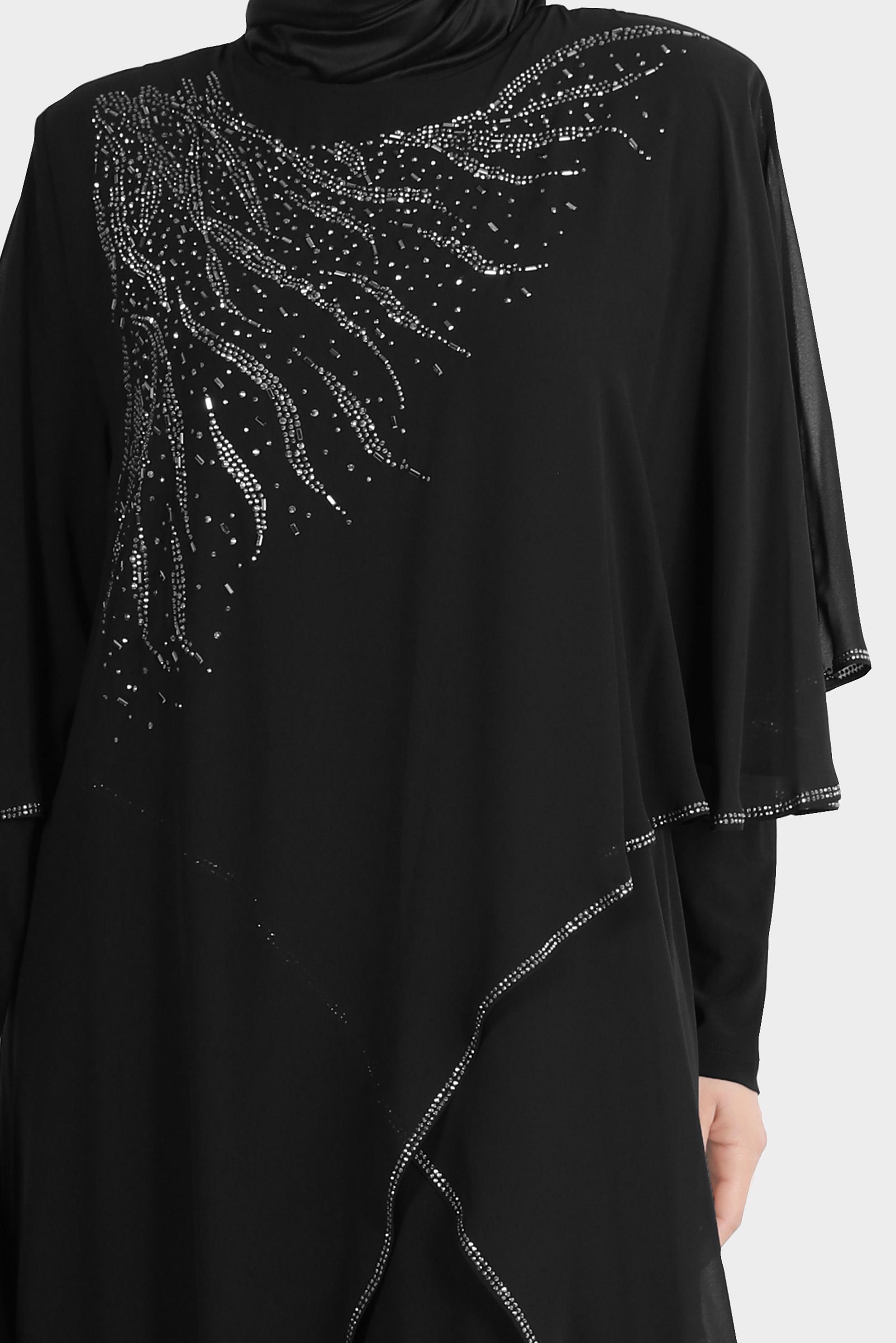 Hijab clothing BLACK ASYMMETRIC CUT GEM DETAIL CHIFFON DRESS 20230