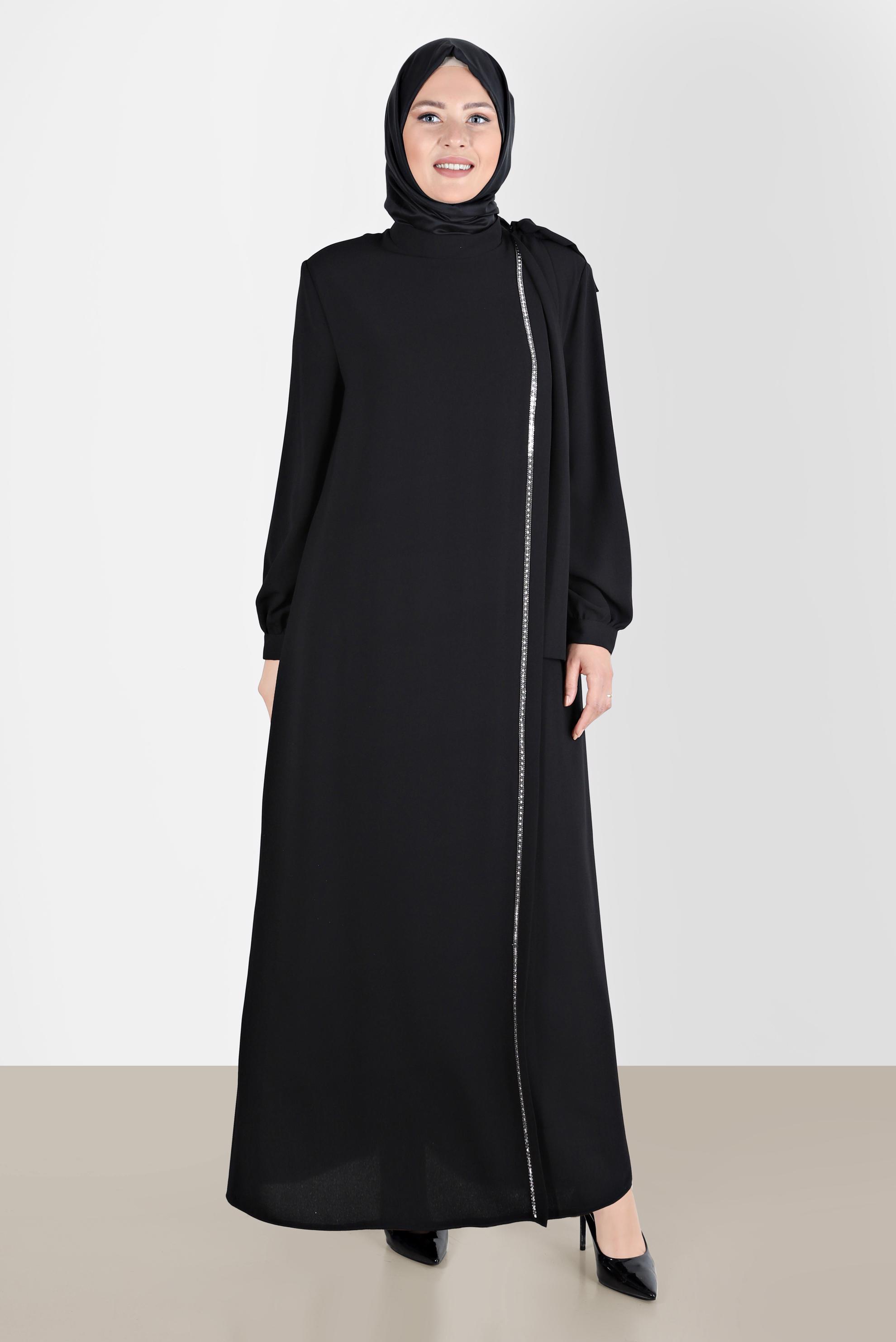 Tesettür giyim SİYAH FİYONK DETAYLI TAŞLI KREP ELBİSE 20234 