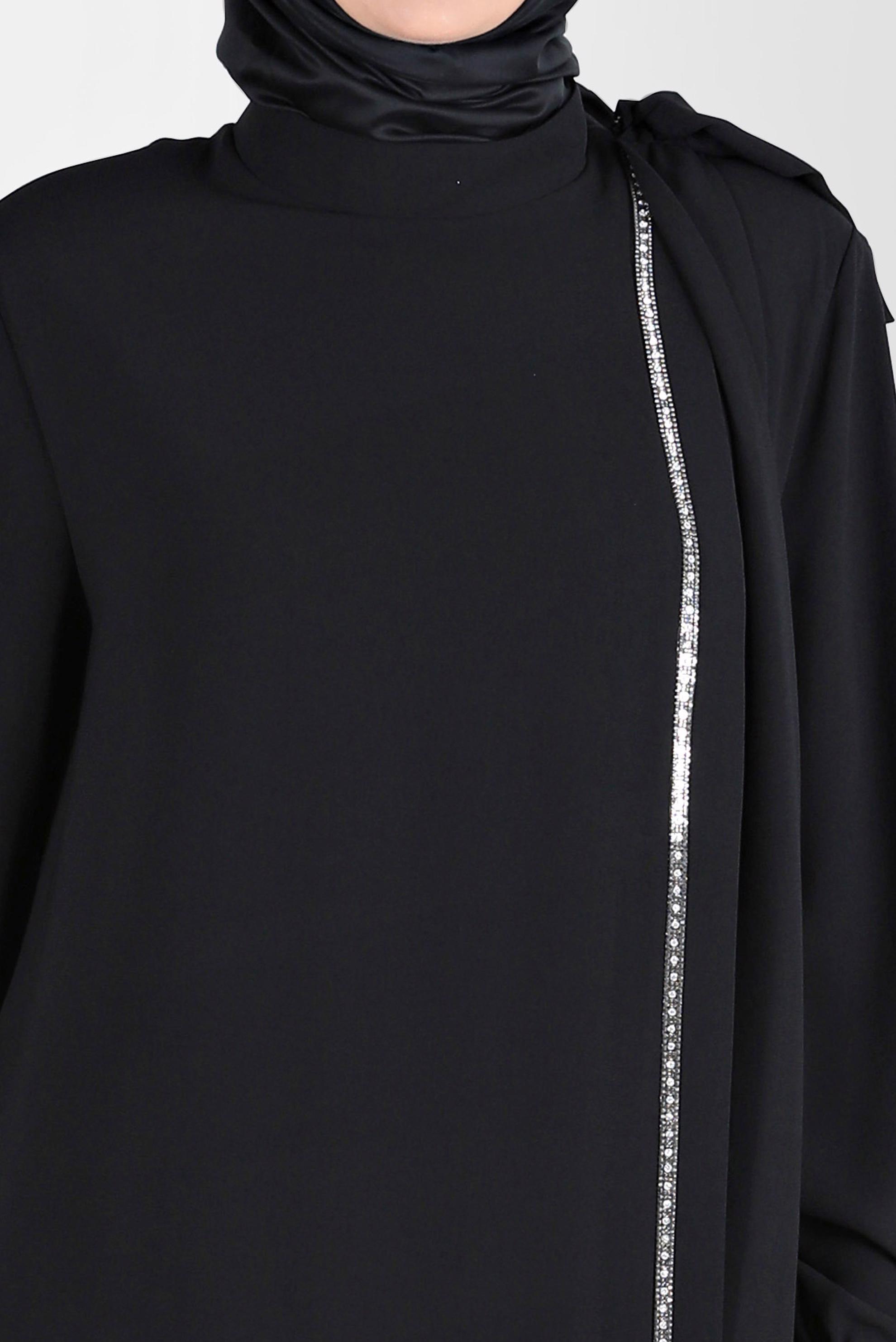 Tesettür giyim SİYAH FİYONK DETAYLI TAŞLI KREP ELBİSE 20234 